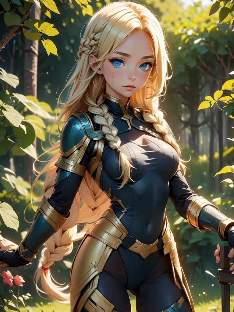 A beautiful warrior girl who looks like a goddess from Norse mythology. blonde single braid,She proceeds through the tentacle forest in a thin leotard-type cyber suit.