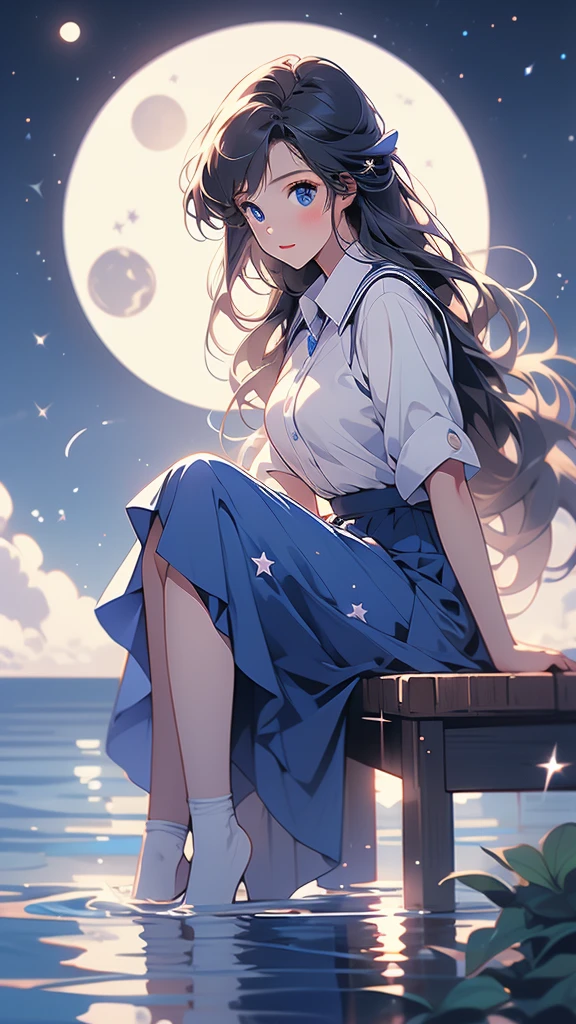 beautiful girl sitting in water in front of moon with water reflections, 1girl, solo, sky, skirt, school uniform, crescent moon, sitting, moon, long hair, star (sky), serafuku, water, blue skirt, cloud, blue eyes
