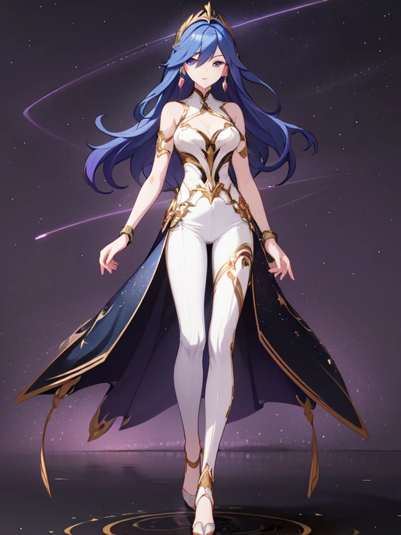 masterpiece, a beautiful void goddess, whole body in white transparent clothes, standing under the empty night stars, disappearing sheer pants, standing upright, Tall figure, slender legs, Detailed faces, detailed body parts details, 8k wallpaper