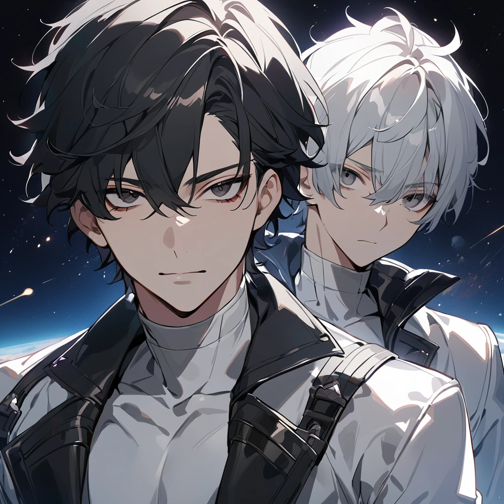 High quality, HD, 4k, no shadows, handsome male, 1male, 17 years old, teenager, short black hair, sharp eyes, black colored eyes, deep black eyes, black eyes, devil may cry, close up, calm expression, stoic expression, black leather clothes, white leather clothing, lean body, well trained body, upper body, looking at viewer, cowboy shot, white solar, space background