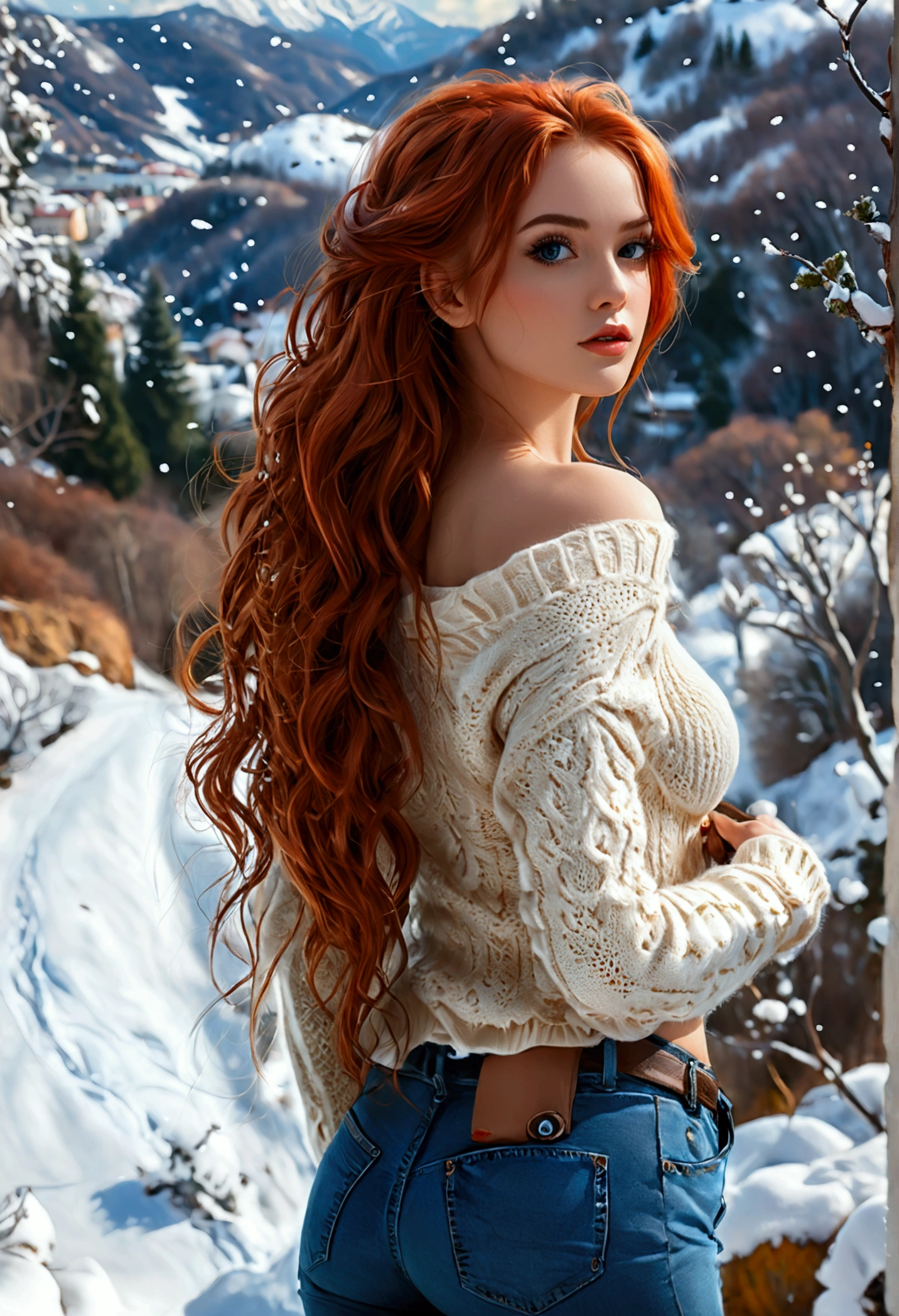 (full body shot:1.1) photorealistic image of a (standing pose:1.1) woman, ultra realistic, photography, long red hair, girl, 24 years old, hourglass figure, perfect body, Flirty look, natural medium breasts, blur background, From back, she is in tight jeans standing on a hill, in style of cyril rolando, by Cyril Rolando, giantess art, inspired by Cyril Rolando, ((hands on hips)), cute sexy butts, blue jeans. Winter Snowy valley background, cyril rolando and m. w kaluta, cyril rolando and m.w kaluta, alex gross, perfect body, perfect hair, perfect hands, perfect breast, perfect eyes, beige shoulderfree sweater