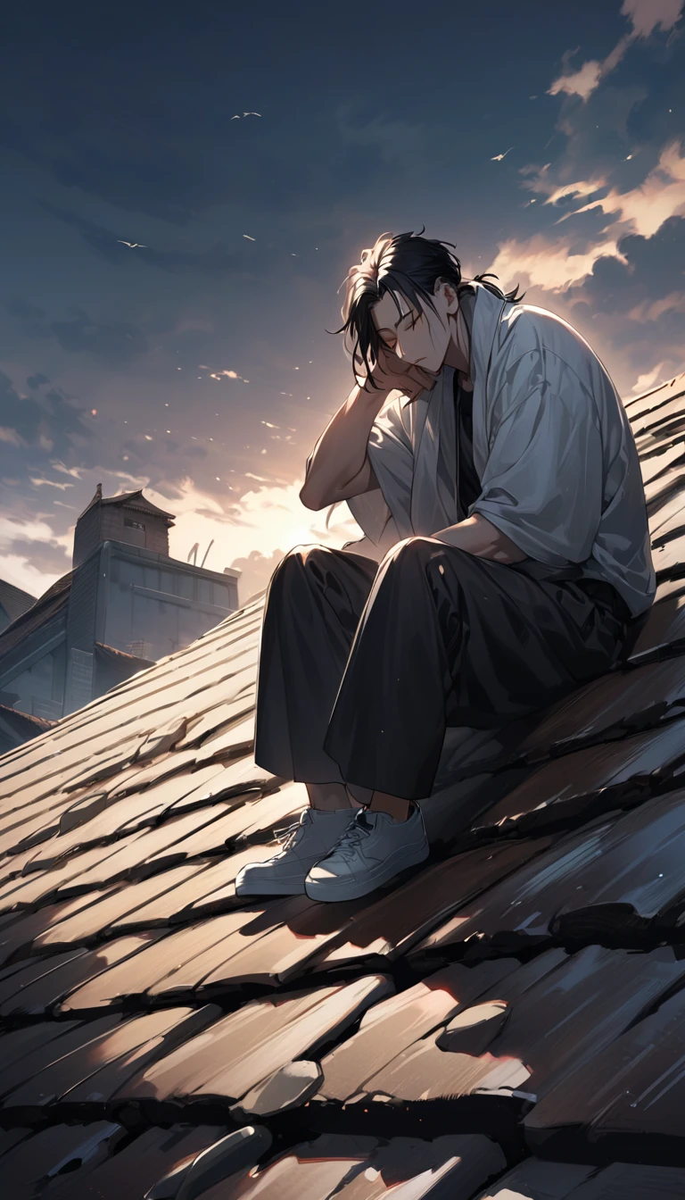 photo of the anime male character named "toge inumaki" in the film "jujutsu kaisen" with black hair, jujutsu kaisen shirt with a long collar that covers his mouth, and black trousers, white shoes, medium, sleeping on a roof tile while holding a book. with a realistic feel.