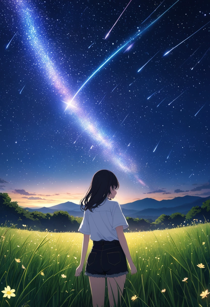 score_7_up,score_8_up,score_9,source anime,surper detail,1girl,white shirt,black denim pants,In a nighttime meadow, shooting stars continuously streak across the sky, creating a light show. The entire meadow is bathed in starlight, spreading breathtaking beauty. A moment of being captivated by the miracles of nature.