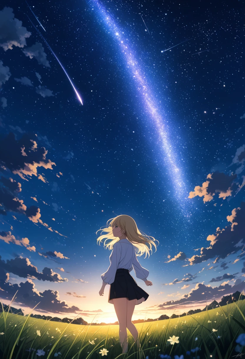 score_7_up,score_8_up,score_9,source anime,surper detail,1girl,white shirt,black denim pants,In a nighttime meadow, shooting stars continuously streak across the sky, creating a light show. The entire meadow is bathed in starlight, spreading breathtaking beauty. A moment of being captivated by the miracles of nature.