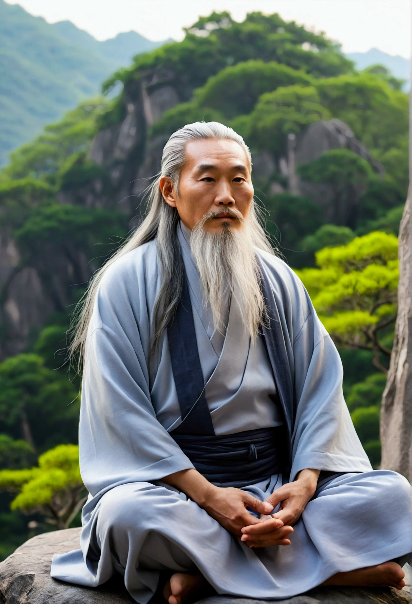 30-year-old Asian middle-aged Taoist elder sitting on stone close-up,Long whit hair,long beard,Cross-legged meditation,Daoism, Wearing a gray robe,magic aura,Master of Taoism,Taoist,at centre,Face the lens,Very bright colors, light Particle, with light glowing, Mushiv, Wallpaper Art, UHD Wallpapers