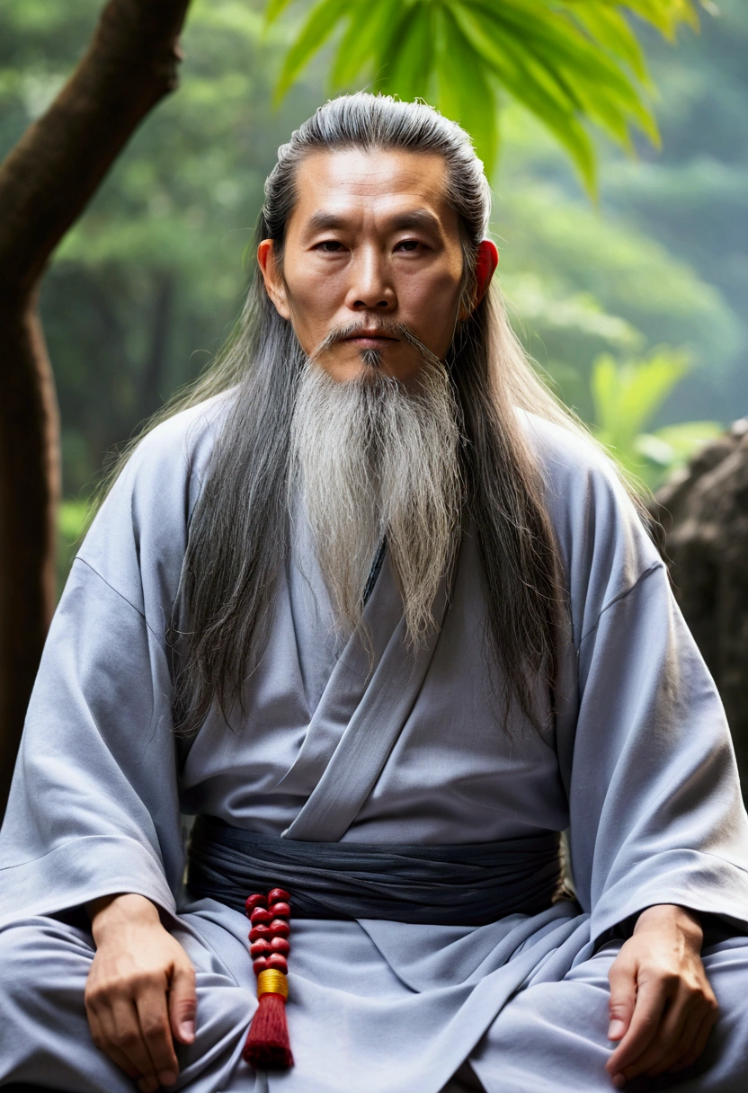 30-year-old Asian middle-aged Taoist elder sitting on stone close-up,Long whit hair,long beard,Cross-legged meditation,Daoism, Wearing a gray robe,magic aura,Master of Taoism,Taoist,at centre,Face the lens,Very bright colors, light Particle, with light glowing, Mushiv, Wallpaper Art, UHD Wallpapers