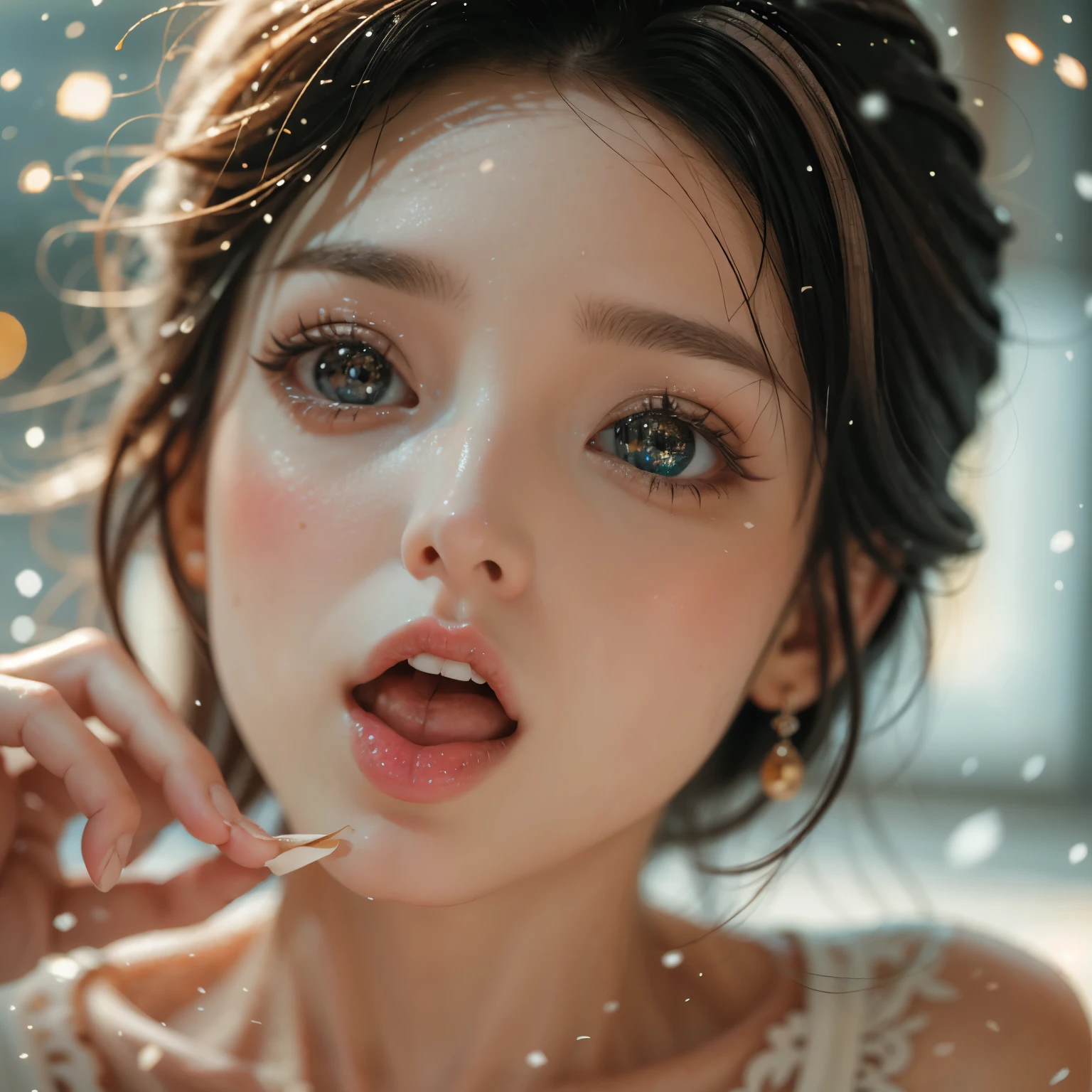 ExtremelyDetailed Kawaii girl Face,(Close-up big lips), glossy lips with beautiful details, Coquettish tongue, Kissing to camera, towards the viewer, 8K TopQuality masterpiece,an extremely delicate and beautiful (ProfessionalPhoto:1.37), Amazing,finely detail,official art,incredibly absurdres,ultra-detailed,close-up shot, close up, (fish eye lens), wide lens, macro lens, Detailed brilliant Eyes ElaboratePupils with (sparkling highlights:1.28) (Delicate Voluminous LongEyelashes:0.88), (offshoulder cum on tongue) snow particles
