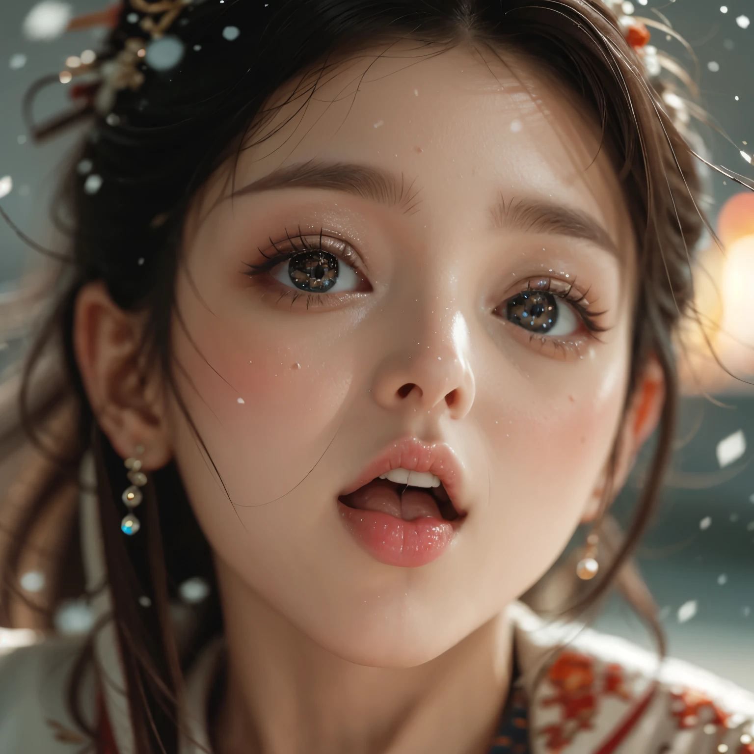 ExtremelyDetailed Kawaii girl Face,(Close-up big lips), glossy lips with beautiful details, Coquettish tongue, Kissing to camera, towards the viewer, 8K TopQuality masterpiece,an extremely delicate and beautiful (ProfessionalPhoto:1.37), Amazing,finely detail,official art,incredibly absurdres,ultra-detailed,close-up shot, close up, (fish eye lens), wide lens, macro lens, Detailed brilliant Eyes ElaboratePupils with (sparkling highlights:1.28) (Delicate Voluminous LongEyelashes:0.88), (offshoulder cum on tongue) snow particles