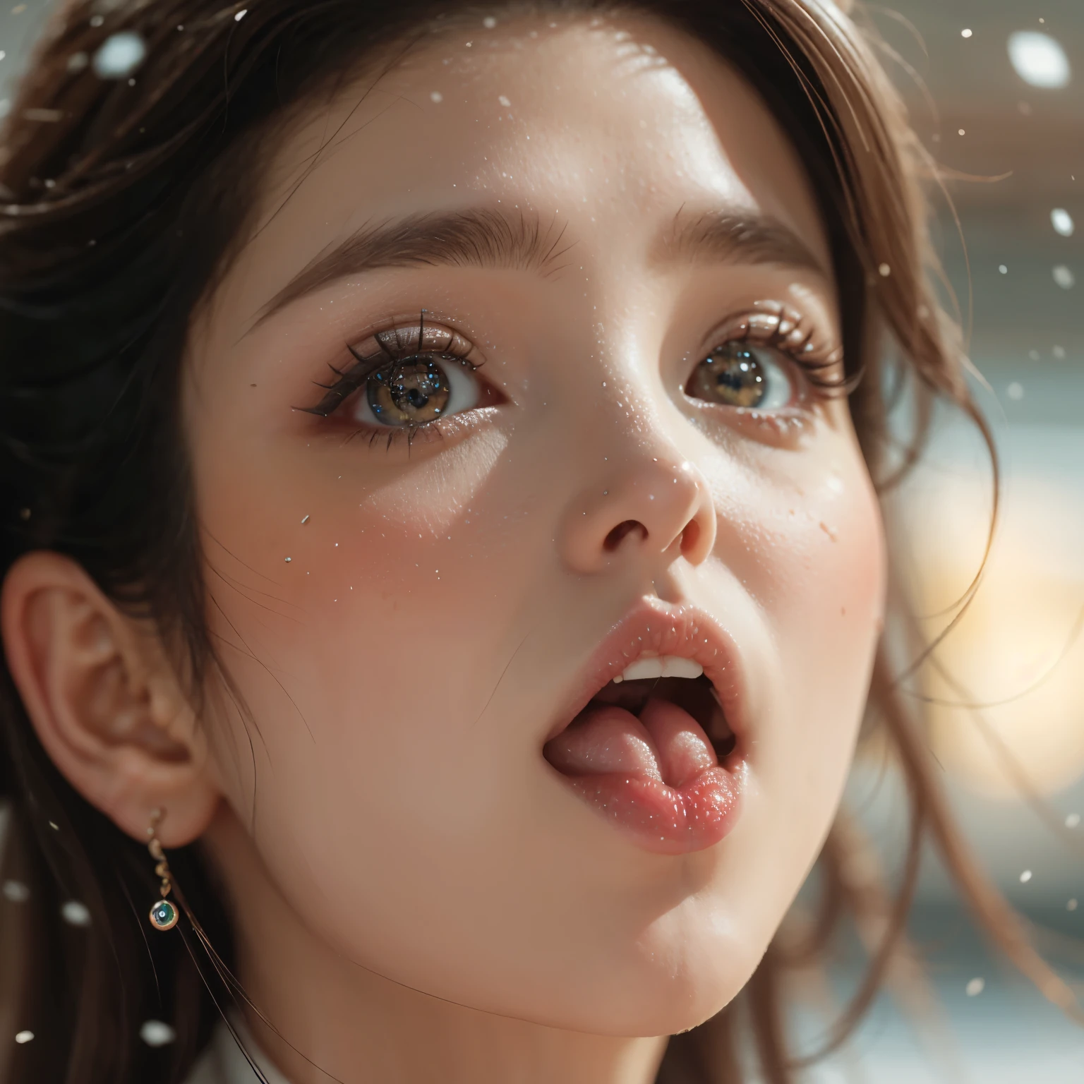 ExtremelyDetailed Kawaii girl Face,(Close-up big lips), glossy lips with beautiful details, Coquettish tongue, Kissing to camera, towards the viewer, 8K TopQuality masterpiece,an extremely delicate and beautiful (ProfessionalPhoto:1.37), Amazing,finely detail,official art,incredibly absurdres,ultra-detailed,close-up shot, close up, (fish eye lens), wide lens, macro lens, Detailed brilliant Eyes ElaboratePupils with (sparkling highlights:1.28) (Delicate Voluminous LongEyelashes:0.88), (offshoulder cum on tongue) snow particles