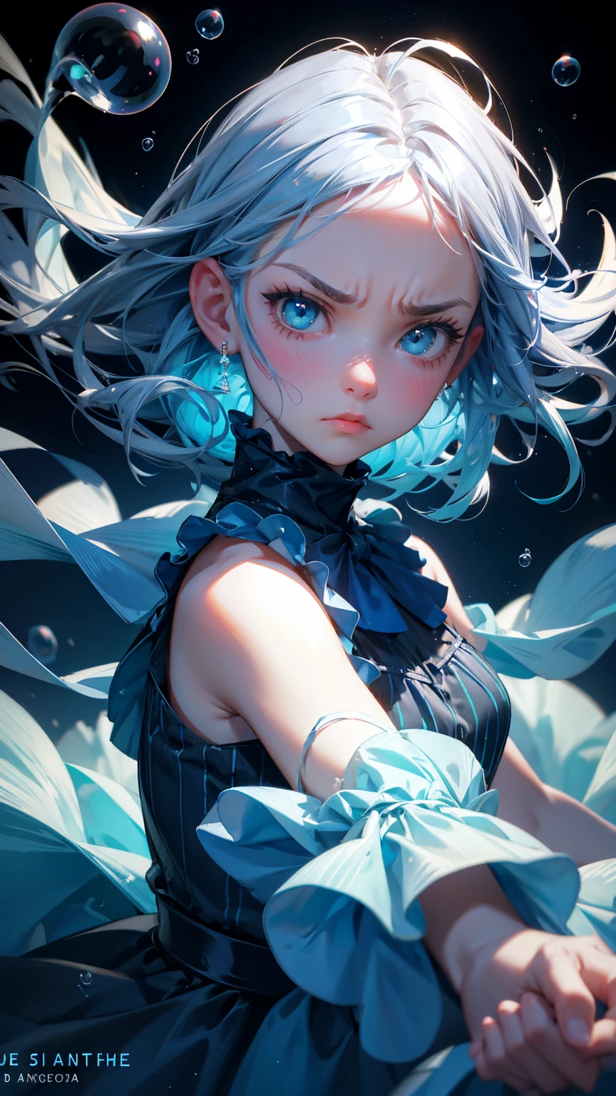  cute girl with angry emotions on face, blue dress,  stuck in the water, surrounded by bubbles. The background of gray gradient colors features large text "stuck transaction" in front of it