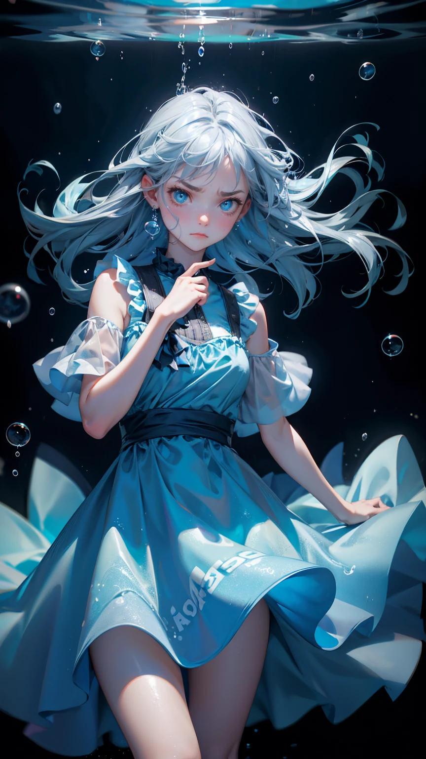 cute girl with angry emotions on face, blue dress, stuck in the water, surrounded by bubbles. The background of gray gradient colors features large text "stuck transaction" in front of it