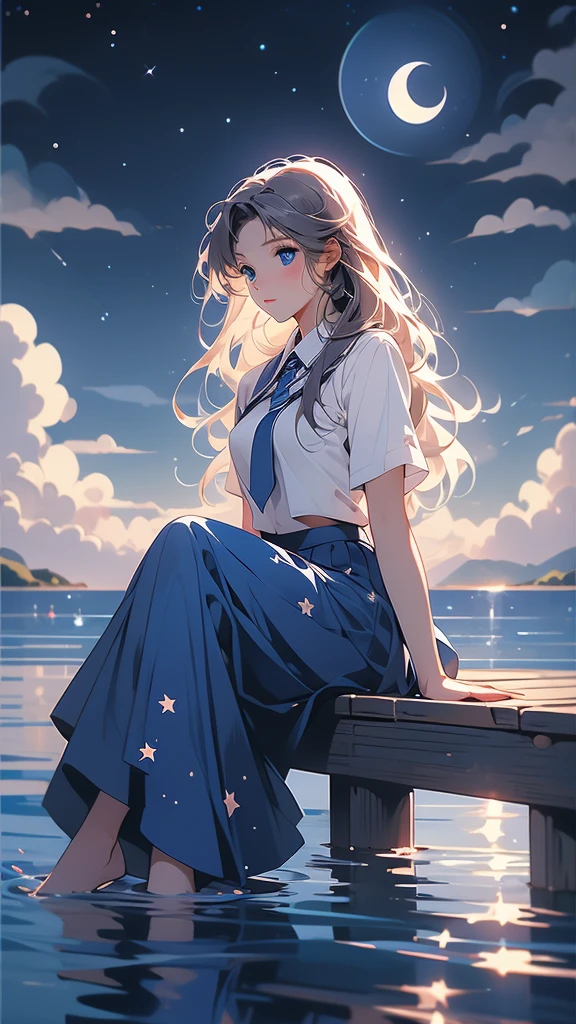 a woman is sitting on the water in front of a crescent moon, 1girl, solo, sky, skirt, school uniform, crescent moon, sitting, moon, long hair, star (sky), serafuku, water, blue skirt, cloud, blue eyes
