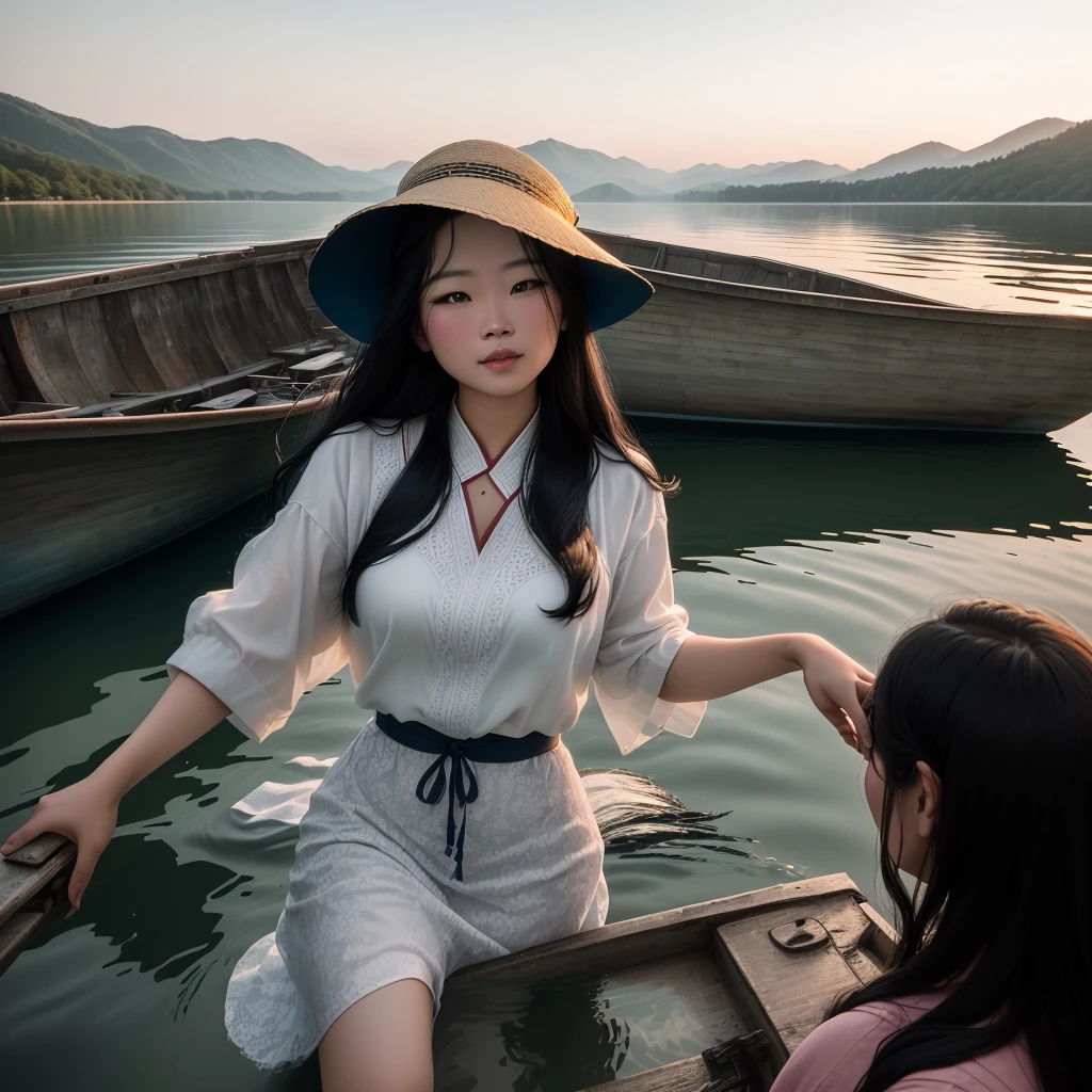 there is a woman standing on a boat in the water, dang my linh, in lake, photo taken in 2 0 2 0, nivanh chanthara, 2 , very very low quality picture, 2 8 years olda woman, 2 9 years old, 3 0 years 30 years old woman, leaked photo