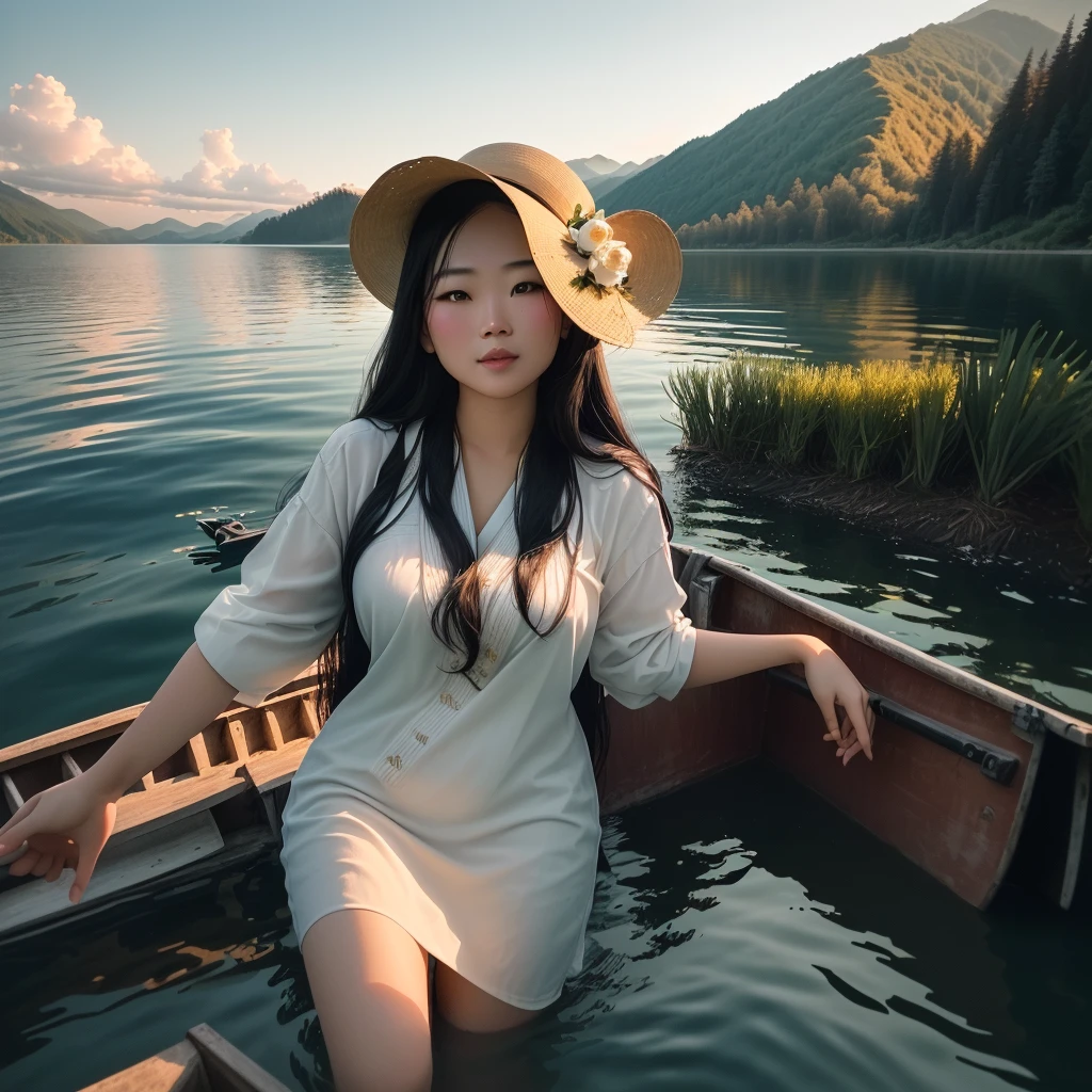 there is a woman standing on a boat in the water, dang my linh, in lake, photo taken in 2 0 2 0, nivanh chanthara, 2 7 years old, very very low quality picture, 2 8 years old, photo of a woman, 2 9 years old, 3 0 years old woman, 30 years old woman, leaked photo