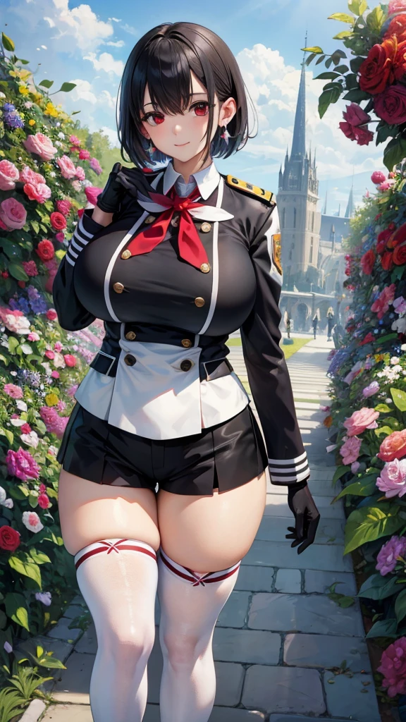 Face Focus , ((Highest quality)), ((Tabletop)), Perfect Face, （((White knee-highs))) ,   Official Art,Black knee-high socks,Beautiful Face,Standing posture,White tights,((((Thick thighs)))),short hair,Black Hair,Plump,Earrings,(Huge breasts),Standing posture,valley,Shorts,Outdoor,garden,Red Eyes,((((uniform)))),Very detailed, Textured skin, Ultra high definition, Red face, ((((black gloves)))),