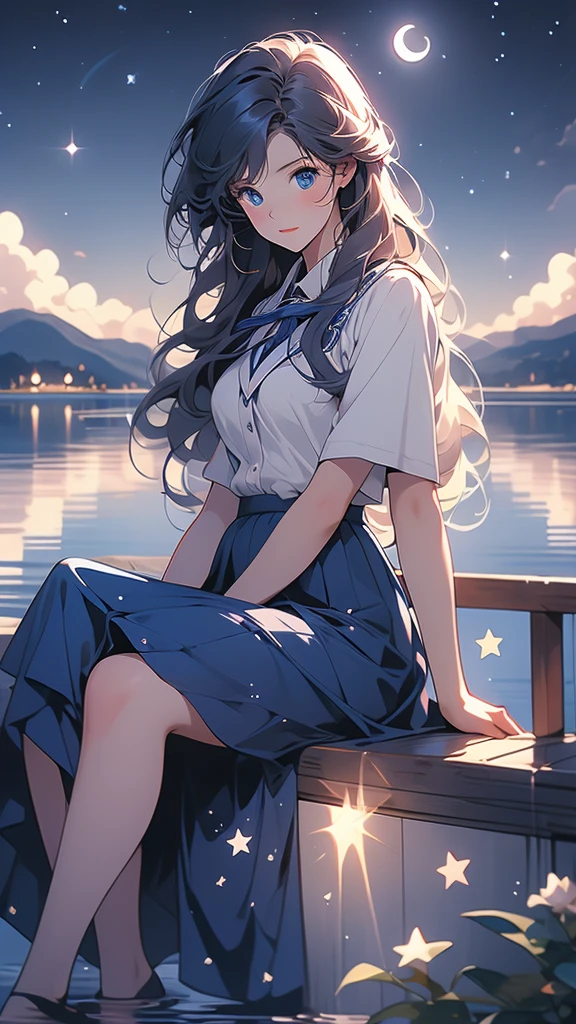 the crescent and girl is sitting under the moon on a lake, 1girl, solo, sky, skirt, school uniform, crescent moon, sitting, moon, long hair, star (sky), serafuku, water, blue skirt, cloud, blue eyes