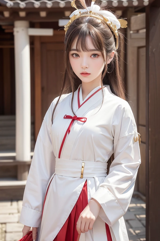 White hunting uniform, a shinto shrine maiden, detailed face, detailed eyes, detailed lips, long straight brown hair, gold simple thin hair band,  red straight lines on white outfit, conservative outfit, holding silver scissors, standing in a shrine courtyard, upper body closeup, high quality, digital art, photorealistic, dramatic lighting, cinematic, masterpiece