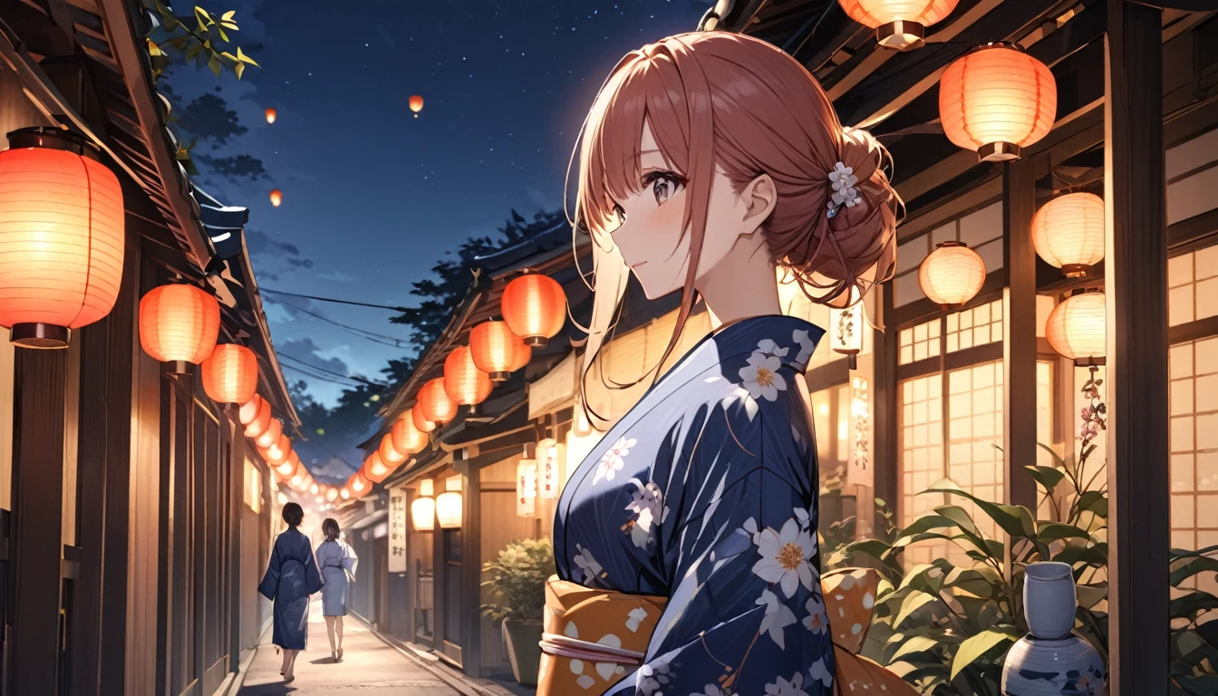 Highest quality,Girl in yukata,summer night,Lantern