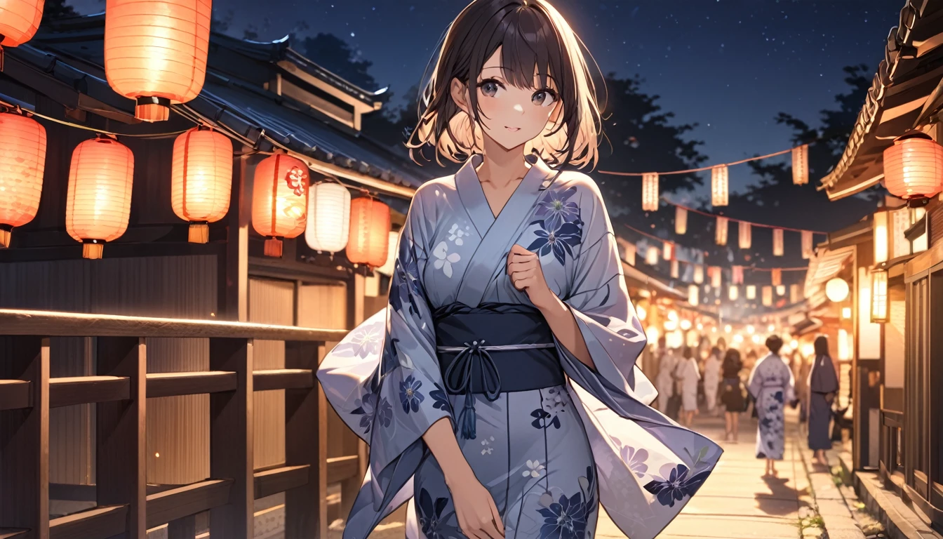 Highest quality,Girl in yukata,summer night,Lantern