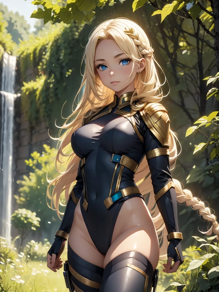 A beautiful warrior girl who looks like a goddess from Norse mythology. blonde single braid,She proceeds through the forest in a thin leotard-type cyber suit.