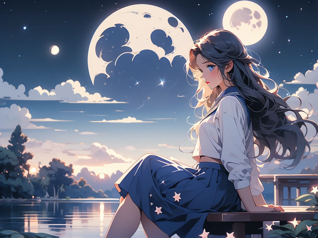 the crescent and girl is sitting under the moon on a lake, 1girl, solo, sky, skirt, school uniform, crescent moon, sitting, moon, long hair, star (sky), serafuku, water, blue skirt, cloud, blue eyes