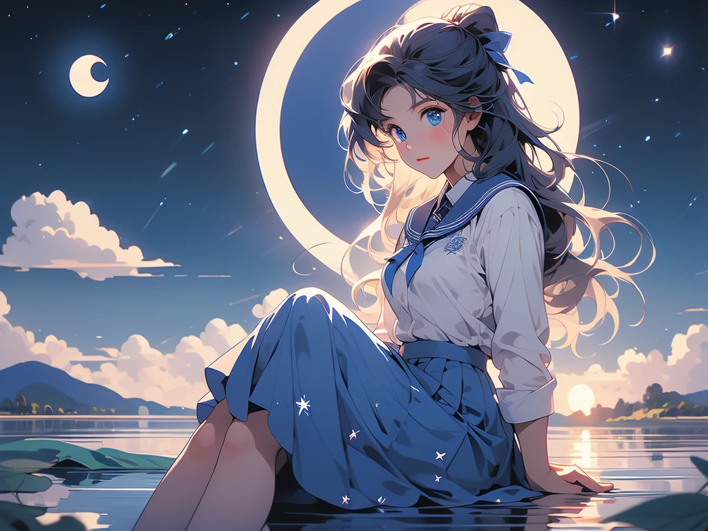 the crescent and girl is sitting under the moon on a lake, 1girl, solo, sky, skirt, school uniform, crescent moon, sitting, moon, long hair, star (sky), serafuku, water, blue skirt, cloud, blue eyes