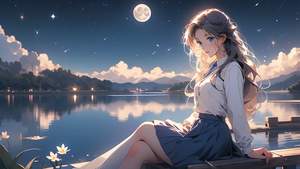the crescent and girl is sitting under the moon on a lake, 1girl, solo, sky, skirt, school uniform, crescent moon, sitting, moon, long hair, star (sky), serafuku, water, blue skirt, cloud, blue eyes