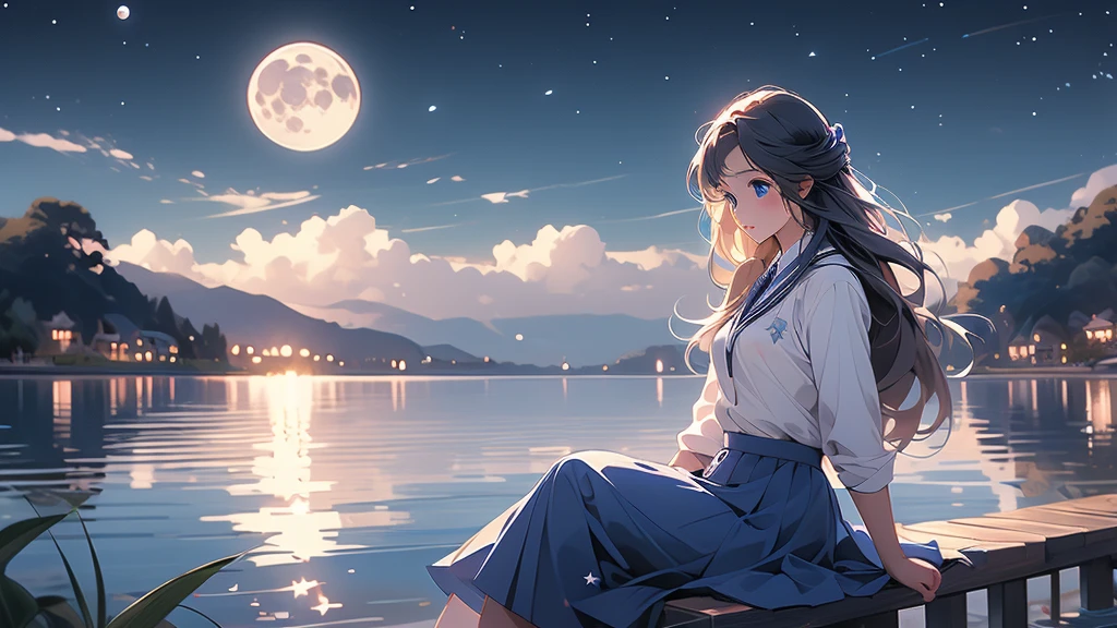 the crescent and girl is sitting under the moon on a lake, 1girl, solo, sky, skirt, school uniform, crescent moon, sitting, moon, long hair, star (sky), serafuku, water, blue skirt, cloud, blue eyes