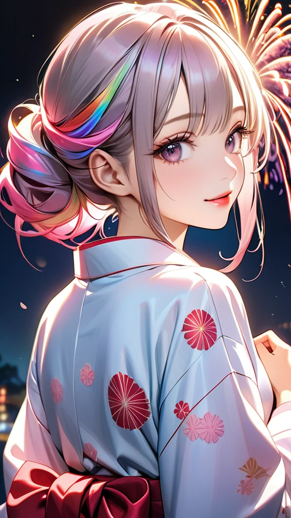 A beautiful and divine woman wearing a clean and refreshing white and pink yukata.々A beautiful woman.々Beautiful Goddess, Rainbow Hair,Medium long hairstyle,Beautiful attention to detail, Beautiful lip detail, Highly detailed face, Long eyelashes, Friendly and polite expressions, red, Round crystals in both hands, The perfect uniform, High quality lighting, Realistic, 8k, Highest quality, masterpiece, Professional, Studio Lighting,The background is a fireworks display,Fully facing backwards
