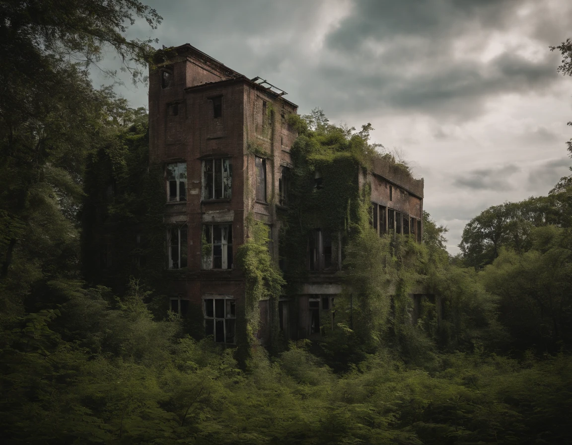 Aerial view of an abandoned, overgrown industrial complex surrounded by dense forest. The building has multiple floors and large windows, while the adjacent structures are covered in vegetation, showing signs of decay and neglect. The surrounding area is filled with patches of greenery reclaiming the paved surfaces, creating a stark contrast between the natural environment and the derelict buildings. The scene has an eerie, post-apocalyptic feel, with nature slowly taking over the man-made structures.
