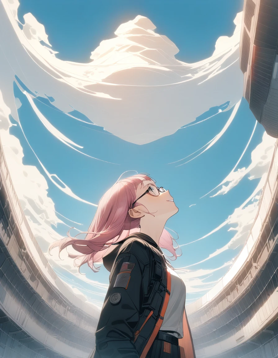 (((Profile of a person looking up at the vast sky from below))), Ultra HD、Ultra-detailed、Ultra-realistic hair、Fine hair、１people、Beautiful girl、Japanese、((Glasses))、A smile showing a few teeth、Bright pink hair、skirt, ribbon, Twin tails, 