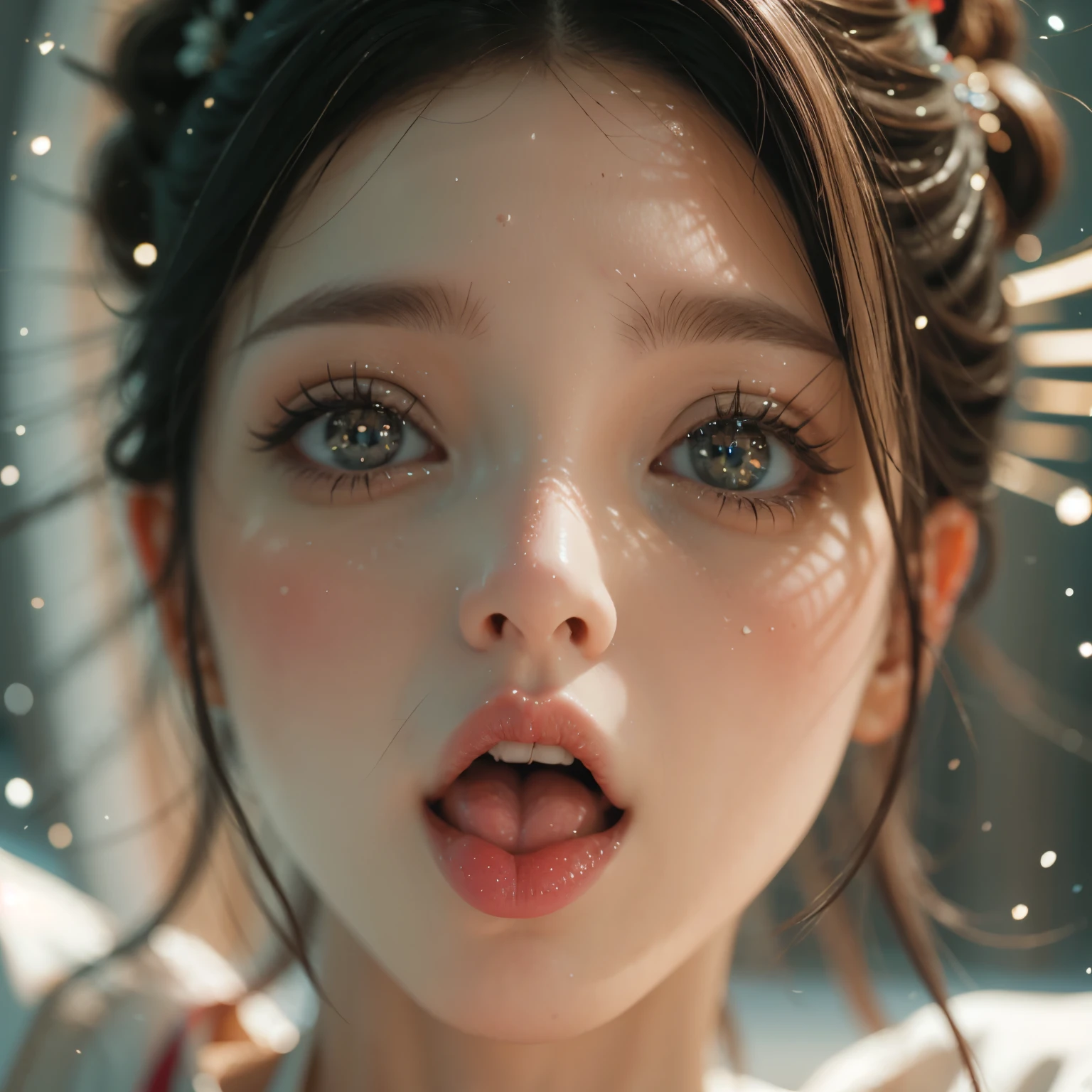 ExtremelyDetailed Kawaii girl Face,(Close-up big lips), glossy lips with beautiful details, Coquettish tongue, Kissing to camera, towards the viewer, 8K TopQuality masterpiece,an extremely delicate and beautiful (ProfessionalPhoto:1.37), Amazing,finely detail,official art,incredibly absurdres,ultra-detailed,close-up shot, close up, (fish eye lens), wide lens, macro lens, Detailed brilliant Eyes ElaboratePupils with (sparkling highlights:1.28) (Delicate Voluminous LongEyelashes:0.88), (offshoulder cum on tongue) snow particles