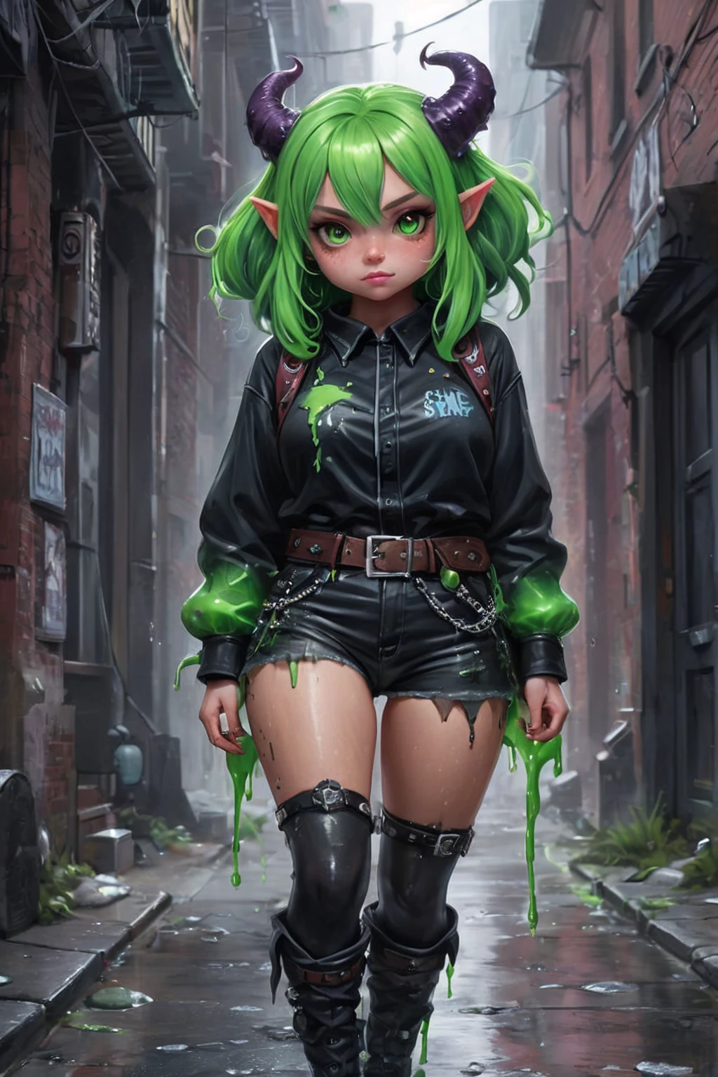 hotorealistic digital painting of a cute, eerie imp-like slime girlfriend, sporting oversized proportions, with an emphasis on her thick thighs, dressed in inky, urban-punk attire with a belt supporting her slime-figured contours, her delicate, freckled, slimy skin, soft round face with crystal-like eyes engaging the viewer, her expressive, dumbfounded visage highlighting her pawg