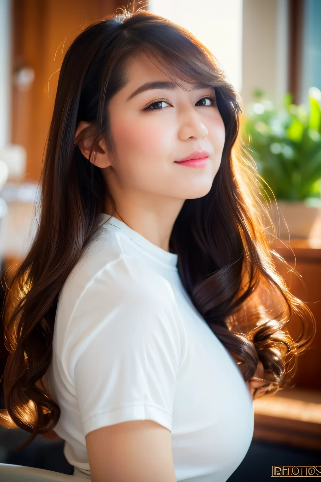 sitting, (puckered up mouth), want to give a kiss pose, (white office shirt, black short skirt), black tie, looking at camera, front view, long hair, bangs, (detailed face), at livingroom, potrait body, mouth closed, smiling, black eyes, 1 girl, 20yo,Young female,Beautiful Finger,Beautiful long legs,Beautiful body, Beautiful Nose,Beautiful character design, perfect eyes, perfect face,expressive eyes,perfect balance, (looking at viewer), official art,extremely detailed CG unity 8k wallpaper, perfect lighting,Colorful, Bright_Front_face_Lighting,White skin, (masterpiece:1.0),(best_quality:1.0), ultra high res,4K,ultra-detailed, photography, 8K, HDR, highres, absurdres:1.2, Kodak portra 400, film grain, bokeh:1.2, lens flare, (vibrant_color:1.2),professional photograph, (Beautiful,huge_Breasts:1.4), (beautiful_face:1.5),(narrow_waist)