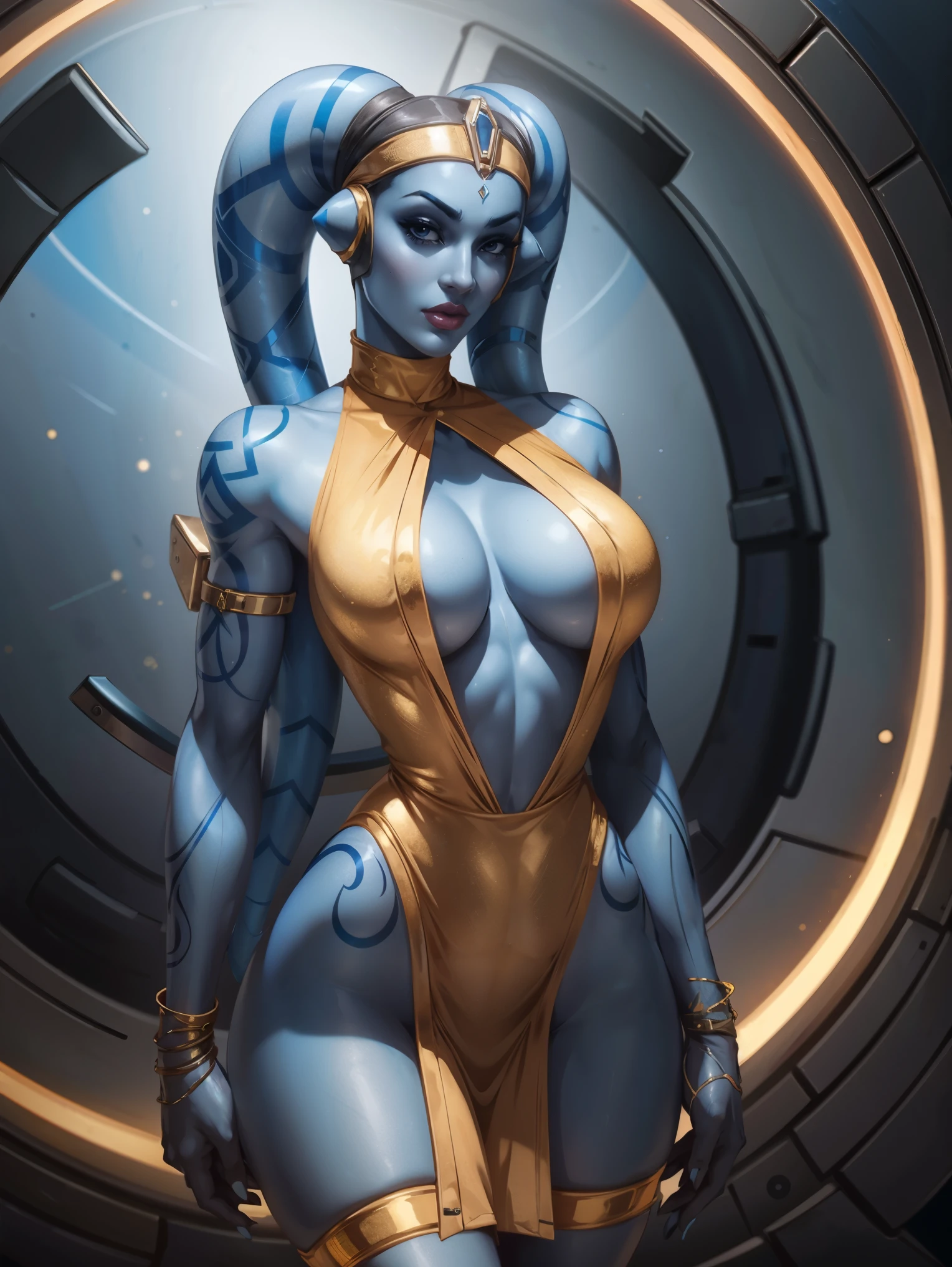 Tall Blue Skin Twi'lek with (medium breasts) wearing a tight short gold minidress, short dress, miniskirt, high neck, sleeveless, (keyhole cleavage), tattoos, huge breasts, cleavage, tall, graceful, (tall, long legs), athletic, slim hips, small waist, full-body shot