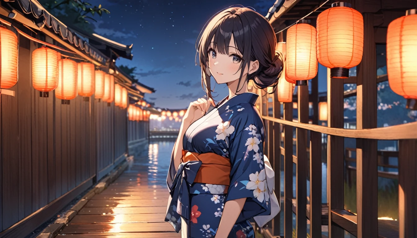 Highest quality,Girl in yukata,summer night,Lantern