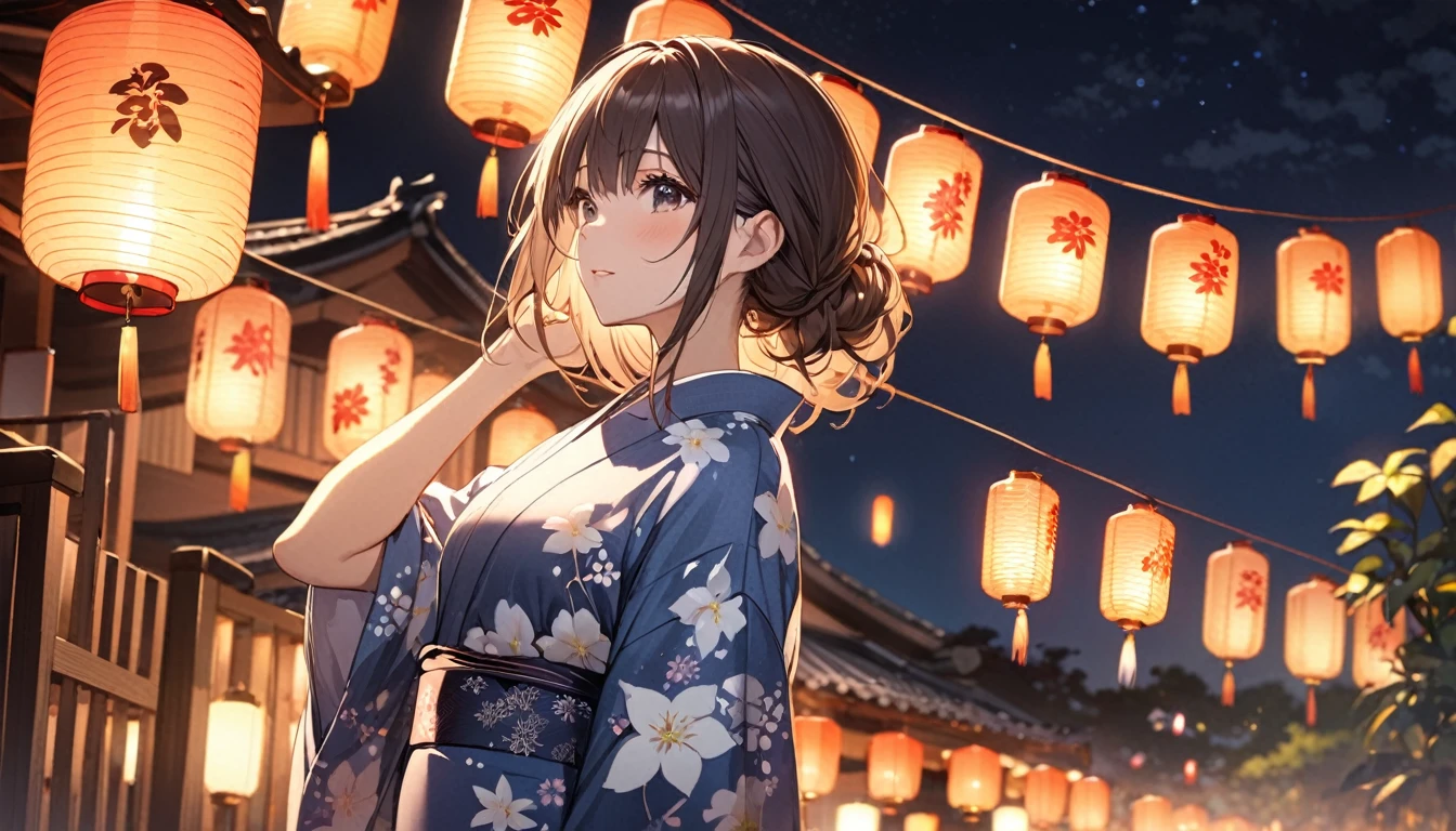 Highest quality,Girl in yukata,summer night,Lantern