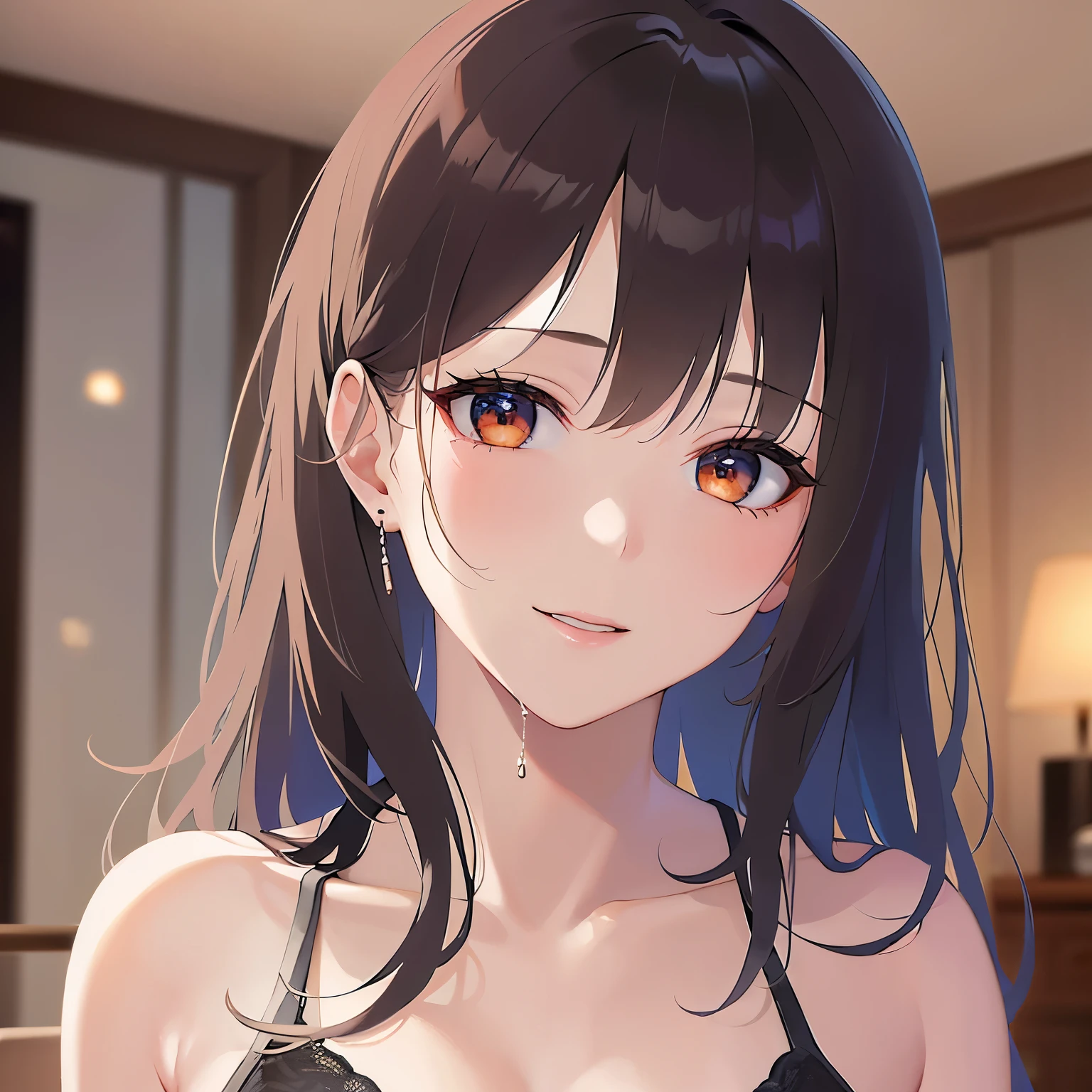(looking at viewer:1.5),Upper Body,head tilit,(Wet:1.2),I have a towel、
Realistic, real person, (pale skin: 1.2), RAW photo, photorealistic, shiny skin, shiny hair、
(A 25-year-old woman with medium-length hair and bangs) and (wavy hair) and (brown hair) and (orange eyes) 、
smile, Wearing a black T-shirt 、The background is the living room at night,