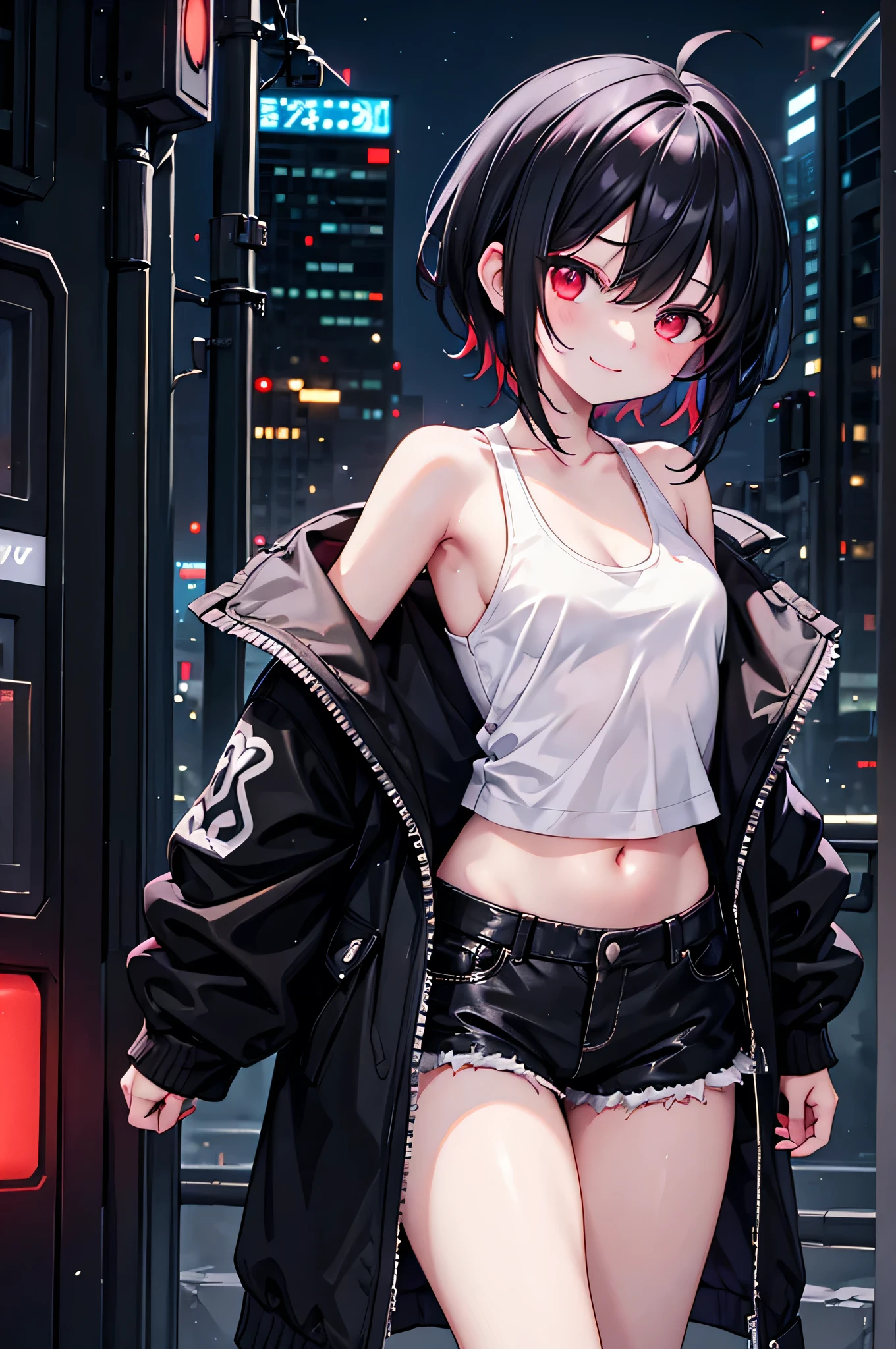 (masterpiece), cyber punk, city, night, Neon Light, city lights, One girl, Black Hair,White tank top with red pattern, short hair,Red Eye,hair ornaments,Around 16 years old,smile,He has taken off his jacket and is exposing his shoulders.,Navel showing