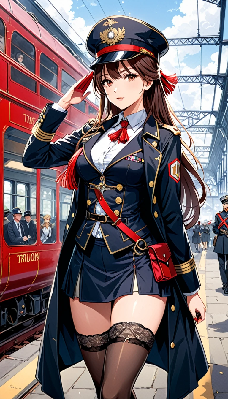 One girl，London Fashion，Female Agent，black，garter，military cap，Railroad Man Coat，Tyrolean hat，(from the front:2.0)，new age，银色Long Hair，ponytail，Long Hair，Cowboy Shot,View your viewers，(bangs_fixed_return:1.0),salute，Look at the people，A gun is attached to his waist，Red tassel ribbon，