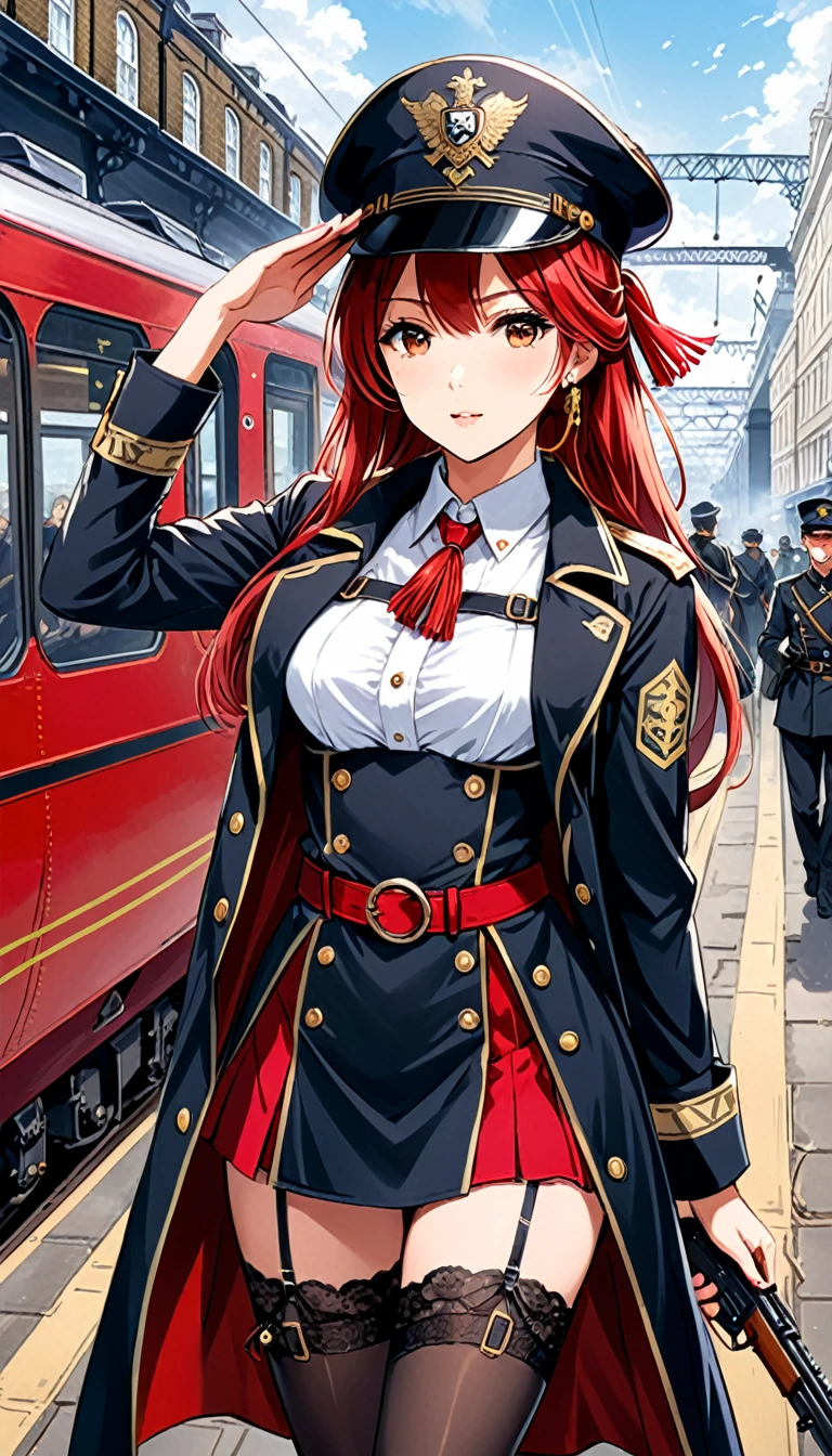 One girl，London Fashion，Female Agent，black，garter，military cap，Railroad Man Coat，Tyrolean hat，(from the front:2.0)，new age，银色Long Hair，ponytail，Long Hair，Cowboy Shot,View your viewers，(bangs_fixed_return:1.0),salute，Look at the people，A gun is attached to his waist，Red tassel ribbon，