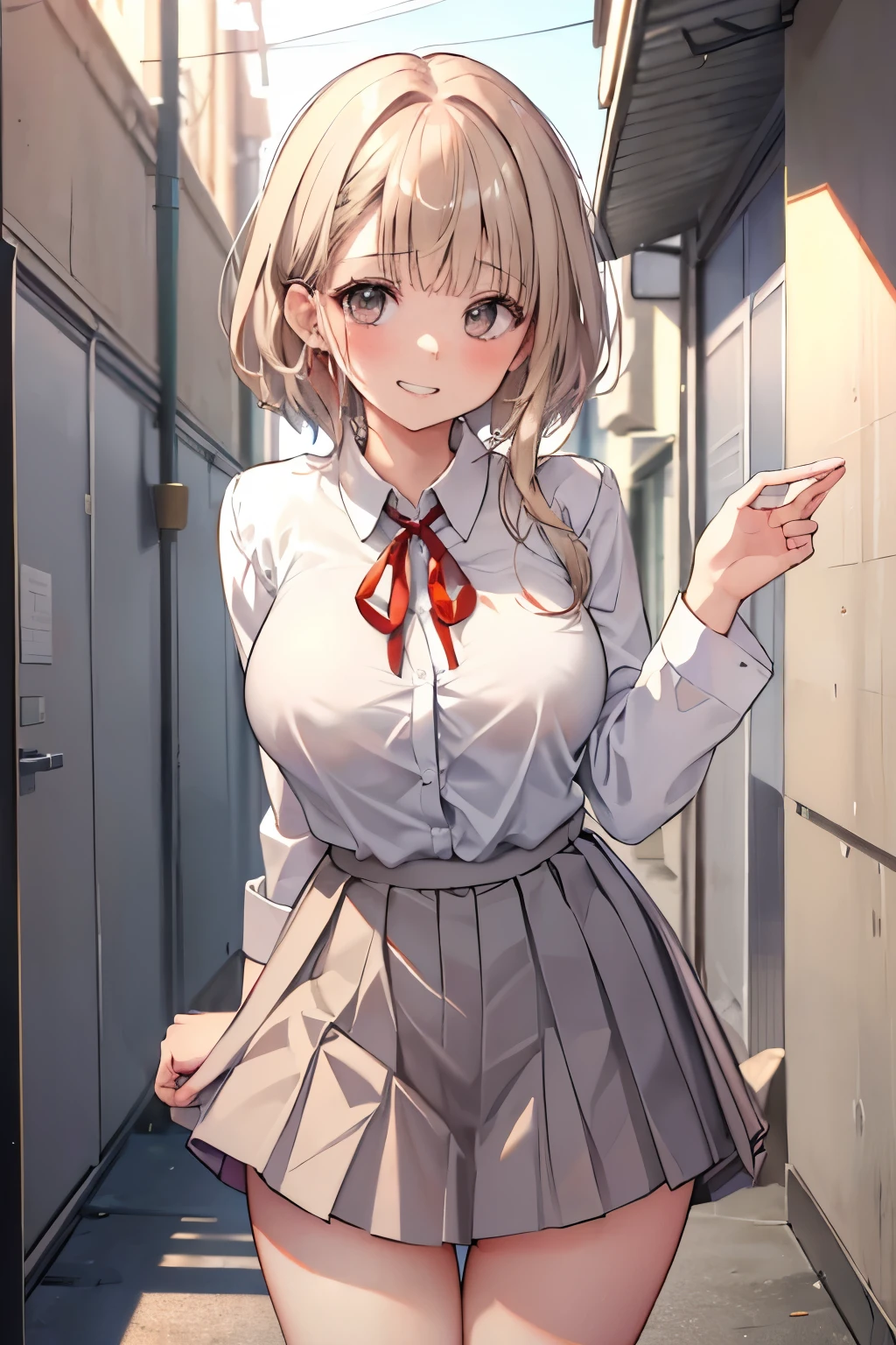 (8k、Highest quality、highest quality、masterpiece)、Detailed face、One girl、 Blonde、short hair、Short Bob、brown skin、blunt bangs、Grey Eyes、smile、((Grin))、Super big breasts、((white shirt))、((red ribbon))、((Pleated skirt))、((school uniform))、Cowboy Shot、((bent over))、Back Alley Background、Very large breasts、blush、Embarrassed、Exposing the breasts、Bare your breasts、Nipples、No panties