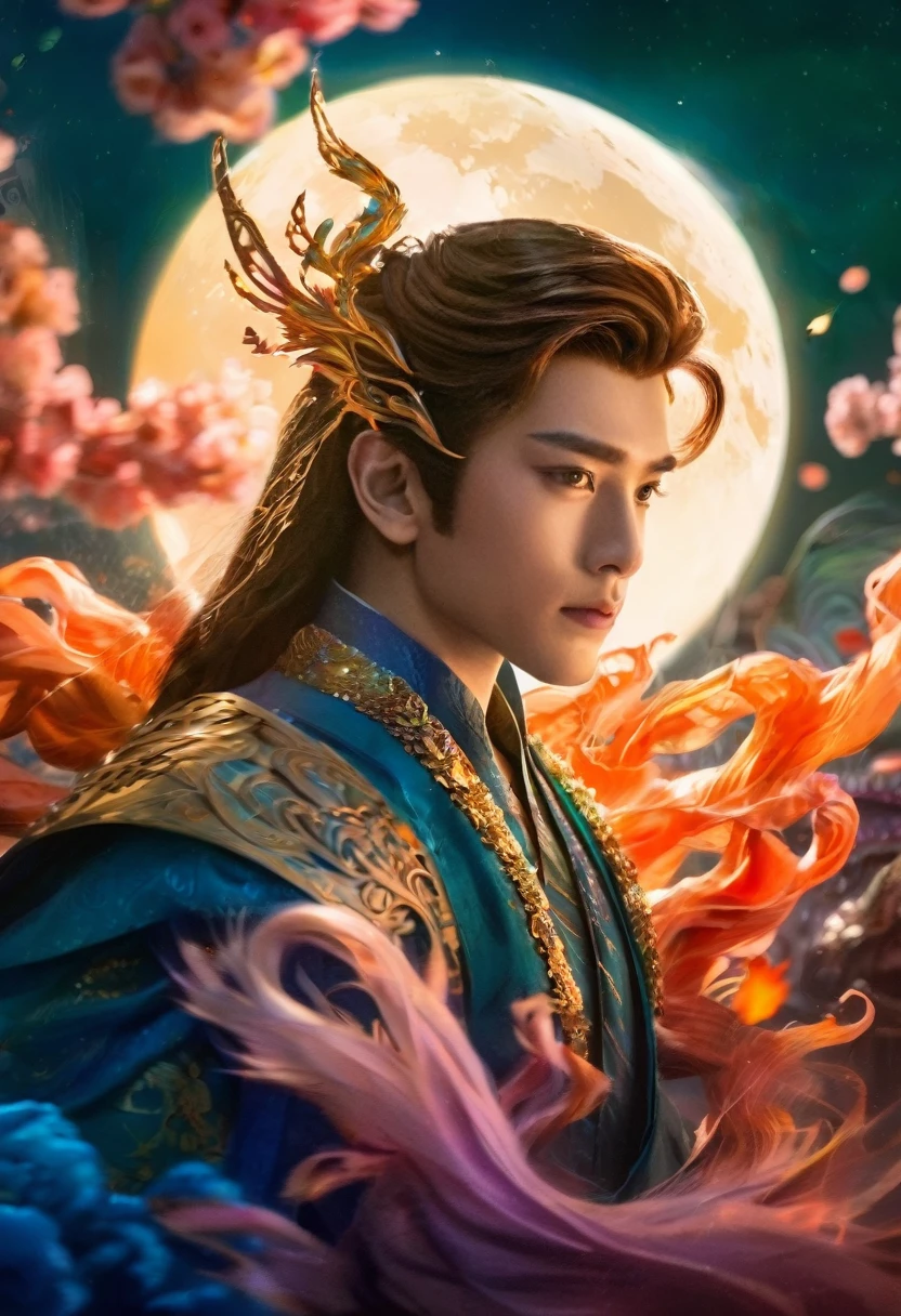 Ethereal fantasy concept art of The man in hanfu. Gorgeous, Heavenly, Ethereal, sex, epic, majestic, magical, Fantasy Art, Cover Art, Dreamy, elegant, Movie, Saturated colors, Theatrical atmosphere around, Clear focus, Extremely detailed, Fine details, Stunning composition, Creative, rich and colorful, complicated, magic, Rich colors, complex