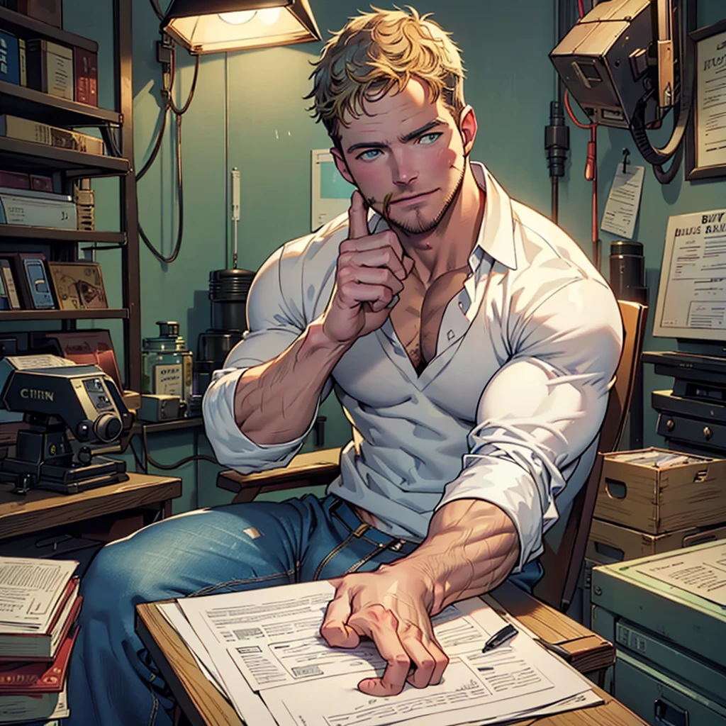 NSFW, SOLO MAN , clinic ambiance and background、detailed face , detailed body part , detailed hands , detailed fingers, A handsome tall man (((Stephen AMELL))) ,He is 40 years old,Thin waist,The pectoral muscles are well developed, He is 175cm tall,Weight 62 kg、blue-green eyes、brown hair color、short hair, wearing vintage jeans showing a nice COCK, shirtless showing nipples and pectoral muscles , sitting on the exam table , and (((the doctor CHRIS PRATT wearing a white blouse ))) checking on his COCK , looking at the viewer ,Smiling , background clinic for men HEALTH