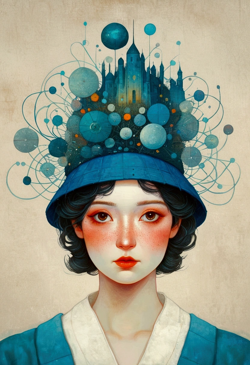 There is a painting，The painting shows a man wearing a hat, The art of math inspired by Ivan Generalić, tumblr, The art of math, sergey kolesov, Michael Shapcott, Beeple 和 Jeremiah Ketner, Eric Lacombe, # Dystopian Art, Blue Head, yuri shwedoff and tom bagshaw, hyper-realistic illustration, symmetrical portrait scifi
