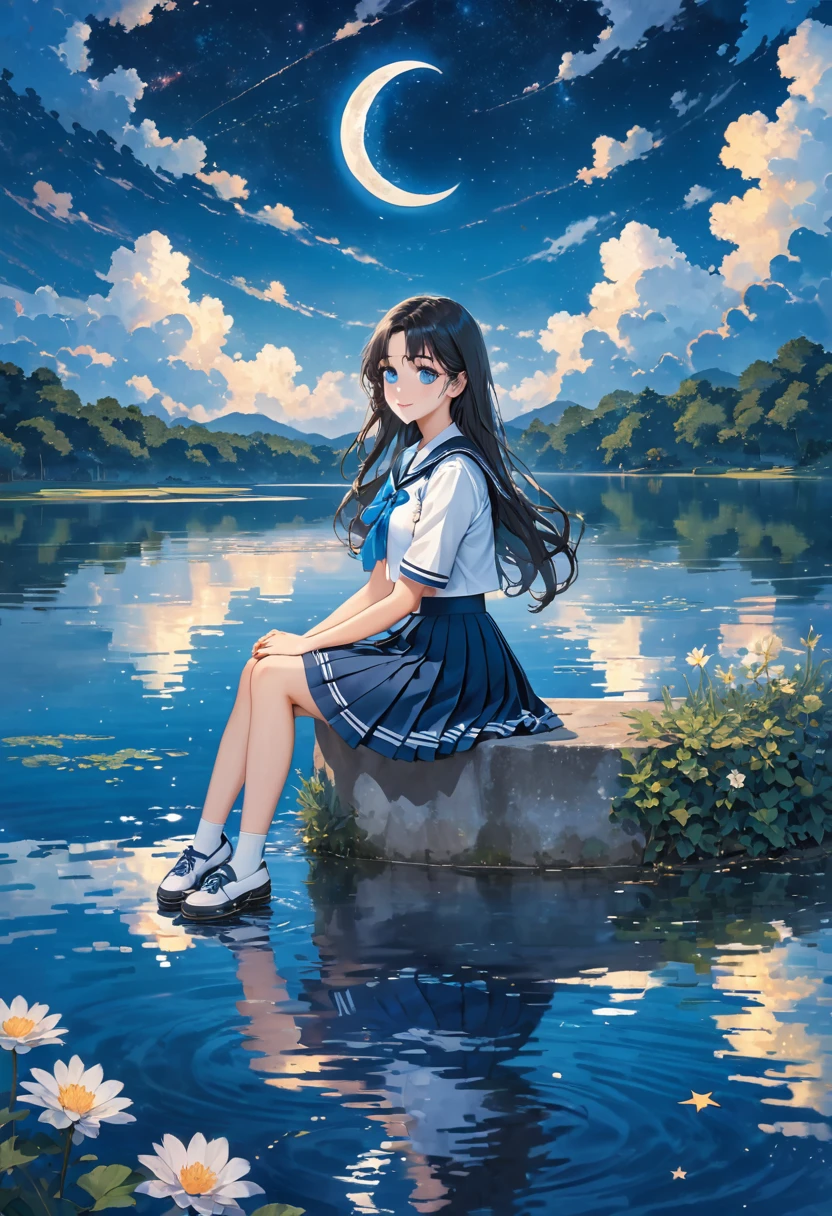 the crescent and girl is sitting under the moon on a lake, 1girl, solo, sky, skirt, school uniform, crescent moon, sitting, moon, long hair, star (sky), serafuku, water, blue skirt, cloud, blue eyes