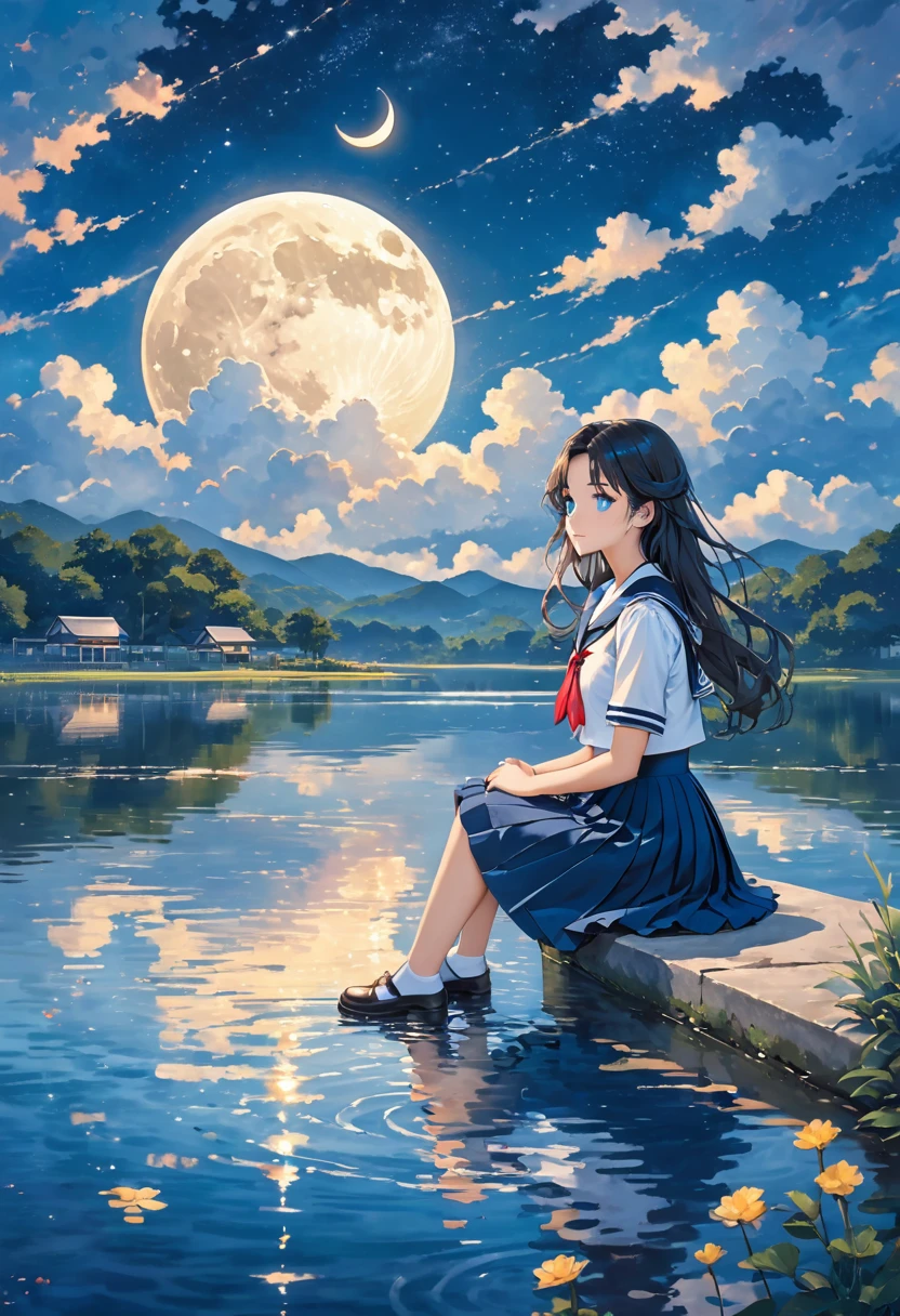 the crescent and girl is sitting under the moon on a lake, 1girl, solo, sky, skirt, school uniform, crescent moon, sitting, moon, long hair, star (sky), serafuku, water, blue skirt, cloud, blue eyes