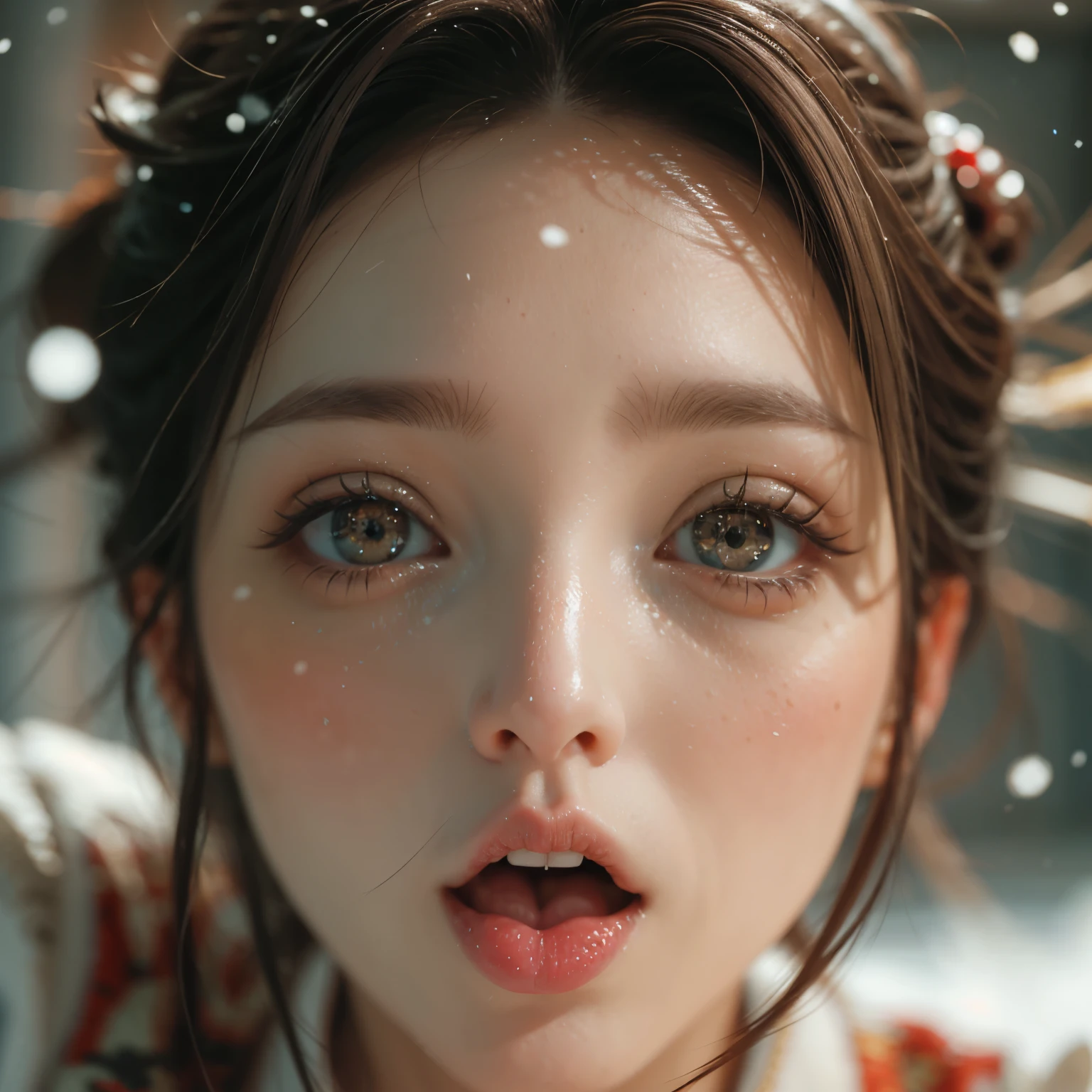 ExtremelyDetailed Kawaii girl Face,(Close-up big lips), glossy lips with beautiful details, Coquettish tongue, Kissing to camera, towards the viewer, 8K TopQuality masterpiece,an extremely delicate and beautiful (ProfessionalPhoto:1.37), Amazing,finely detail,official art,incredibly absurdres,ultra-detailed,close-up shot, close up, (fish eye lens), wide lens, macro lens, Detailed brilliant Eyes ElaboratePupils with (sparkling highlights:1.28) (Delicate Voluminous LongEyelashes:0.88), (offshoulder juice on tongue) snow particles