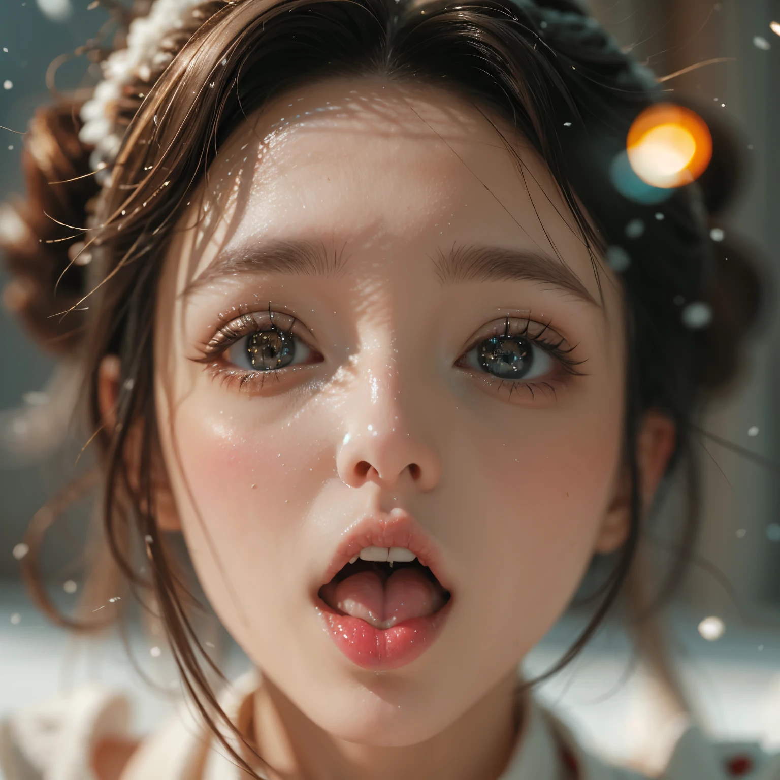 ExtremelyDetailed Kawaii girl Face,(Close-up big lips), glossy lips with beautiful details, Coquettish tongue, Kissing to camera, towards the viewer, 8K TopQuality masterpiece,an extremely delicate and beautiful (ProfessionalPhoto:1.37), Amazing,finely detail,official art,incredibly absurdres,ultra-detailed,close-up shot, close up, (fish eye lens), wide lens, macro lens, Detailed brilliant Eyes ElaboratePupils with (sparkling highlights:1.28) (Delicate Voluminous LongEyelashes:0.88), (offshoulder juice on tongue) snow particles