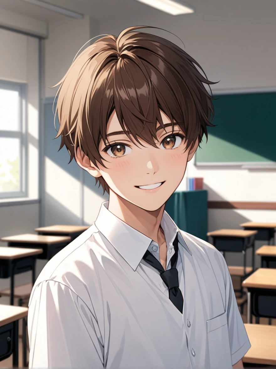 Highest quality, High resolution, Attention to detail, Super Detail, 18-year-old, short hair, Handsome brown-haired high school student, Wearing a white shirt, He has a kind and sincere smile, Classroom Background
